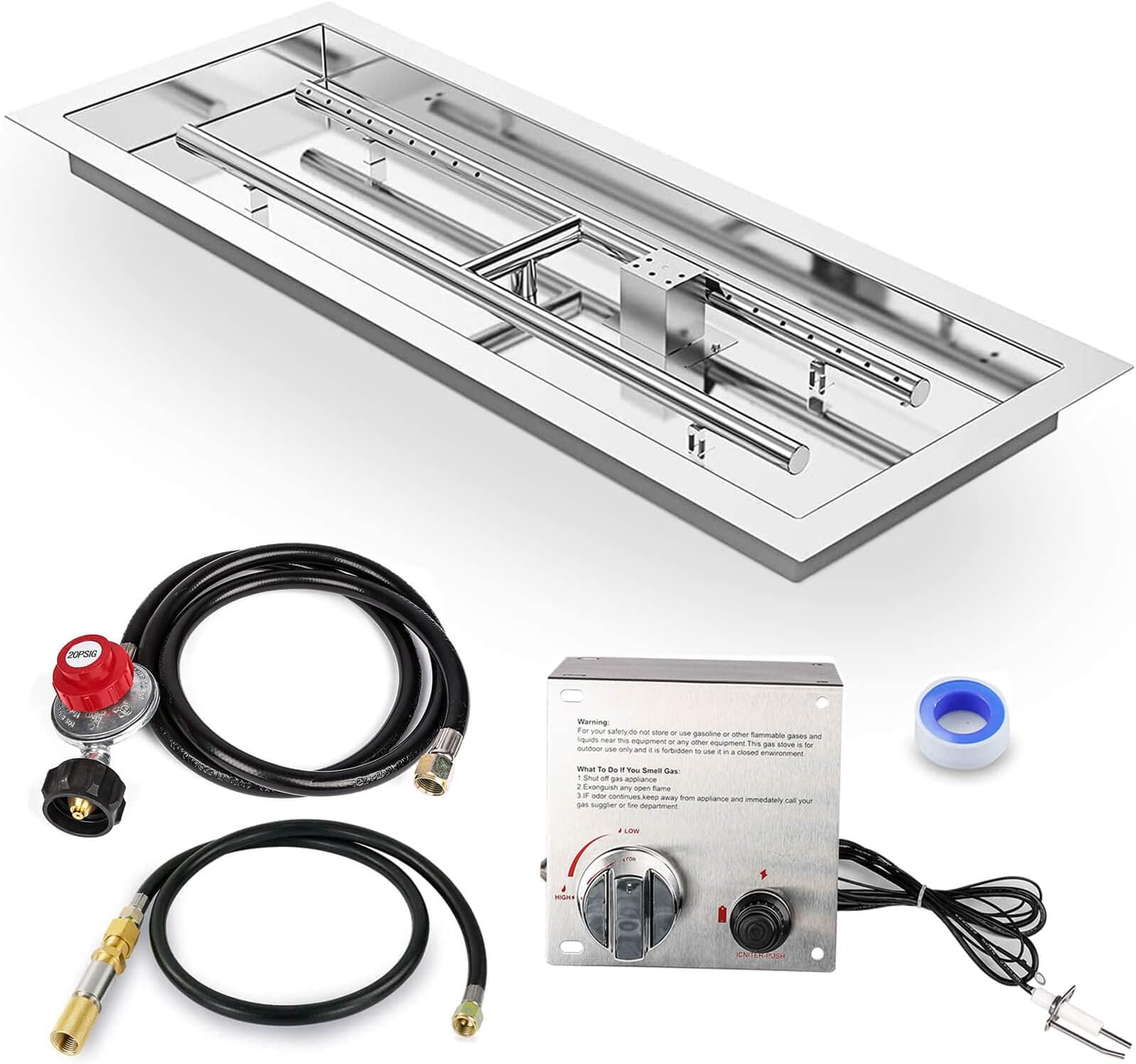 GRISUN ドロップインファイヤーピットキット 24 x 8インチ H字型バーナー パン付き アップグレードスパーク点火キット付き ガスファイヤーピットテーブルインサート ステンレススチール 屋内屋外装飾に最適