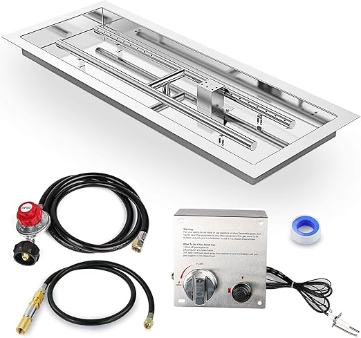 GRISUN Drop-in Fire Pit Kit 24 x 8 Inch, H-Shape Burner with Pan, Come with Upgraded Spark Ignition Kit for Gas Fire Pit, Fire Pit Table Insert Stainless Steel, Suitable for Indoor Outdoor Decoration