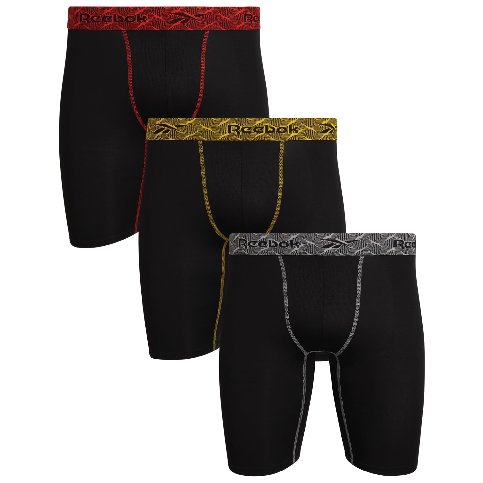 Reebok Herren-Boxershorts – 3er-Pack, 22,9 cm Schrittlänge, Stretch, Performance-Hose, lange Beine, Herren-Unterwäsche, Boxershorts mit konturierter Stütztasche, Schwarz/Schwarz/Schwarz, Medium
