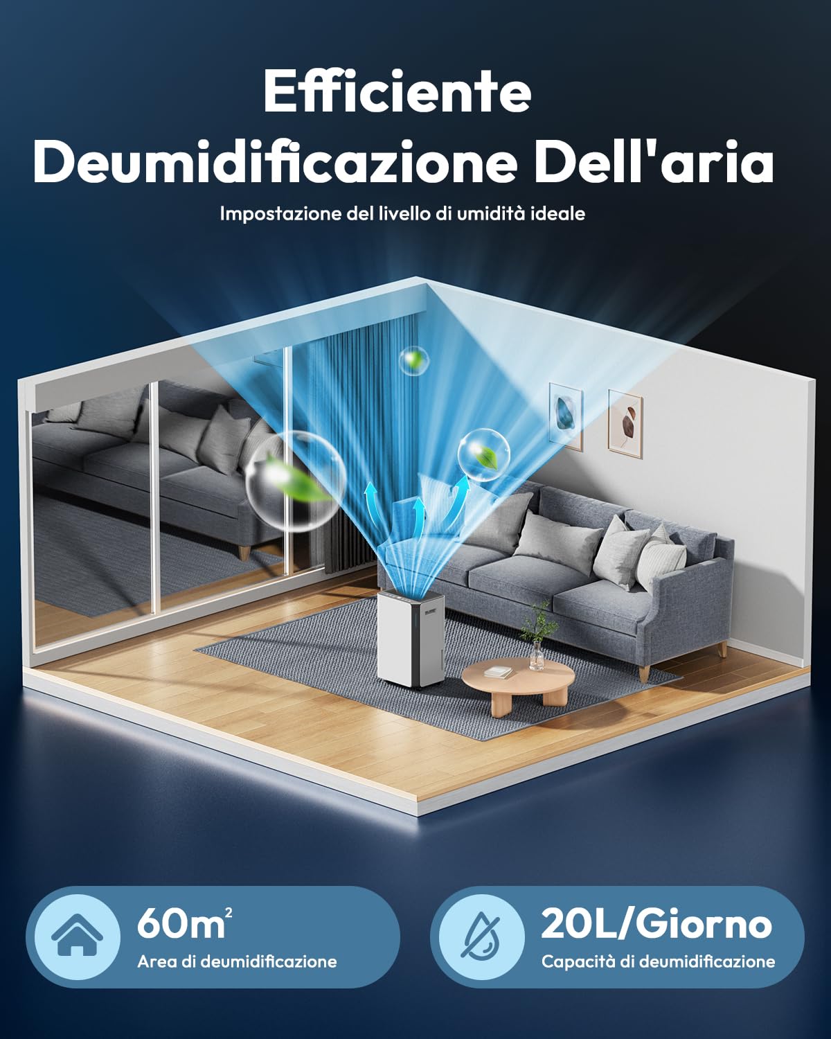 Deumidificatore Casa Muffa 20L/Giorno, Per Ambienti di Circa 60 m² – 41 dB, Con Tubo di Scarico, Filtro Rimovibile, Timer 24h, Serbatoio Acqua da 4.5L, Per Cantina, Soggiorno, Camera da Letto,Bagno