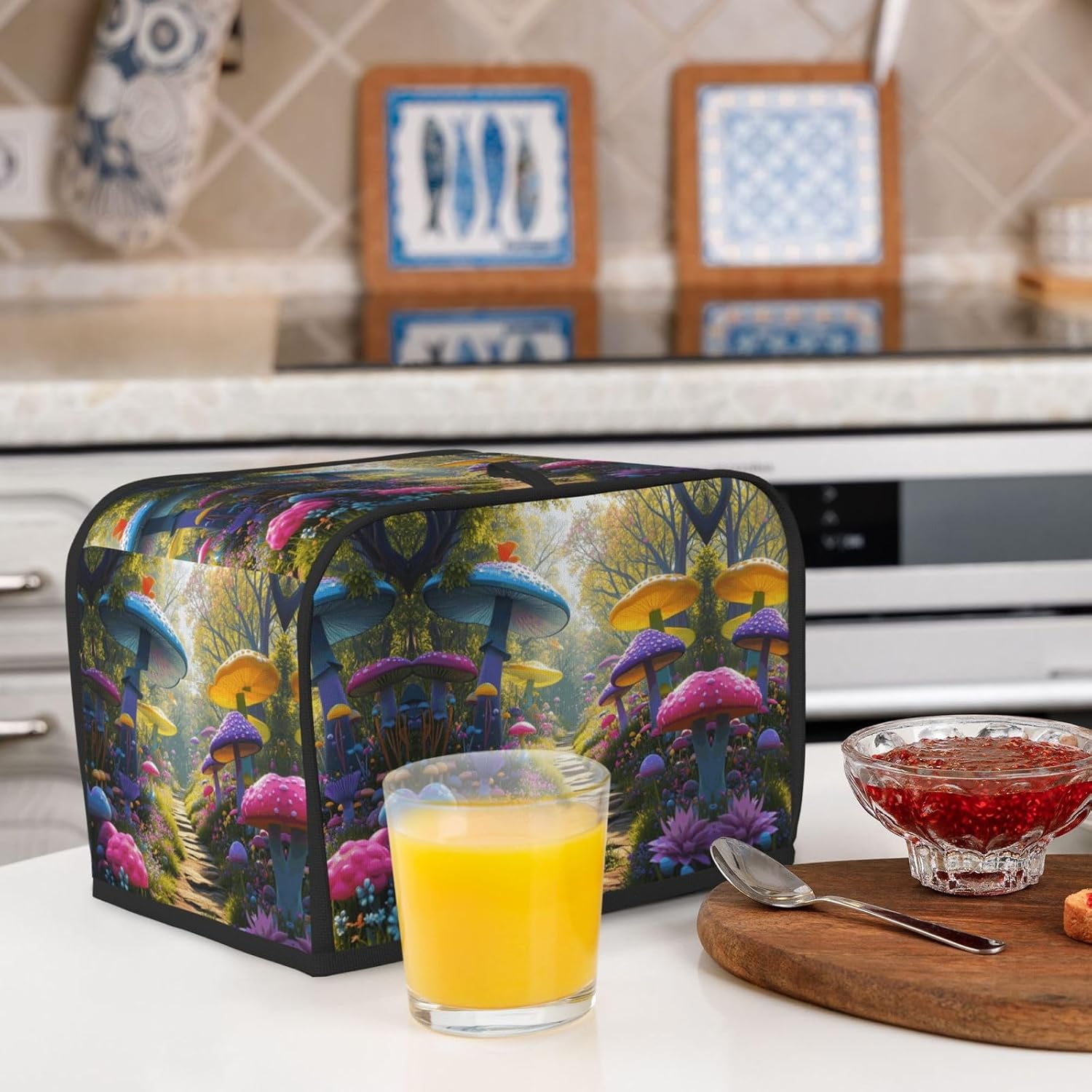 Colored Mushrooms Toaster Cover 2 Slice, Waterproof Bread Machine Covers with Pockets Universal Size Kitchen Small Appliance Cover with Handle, Dust and Fingerprint Protection
