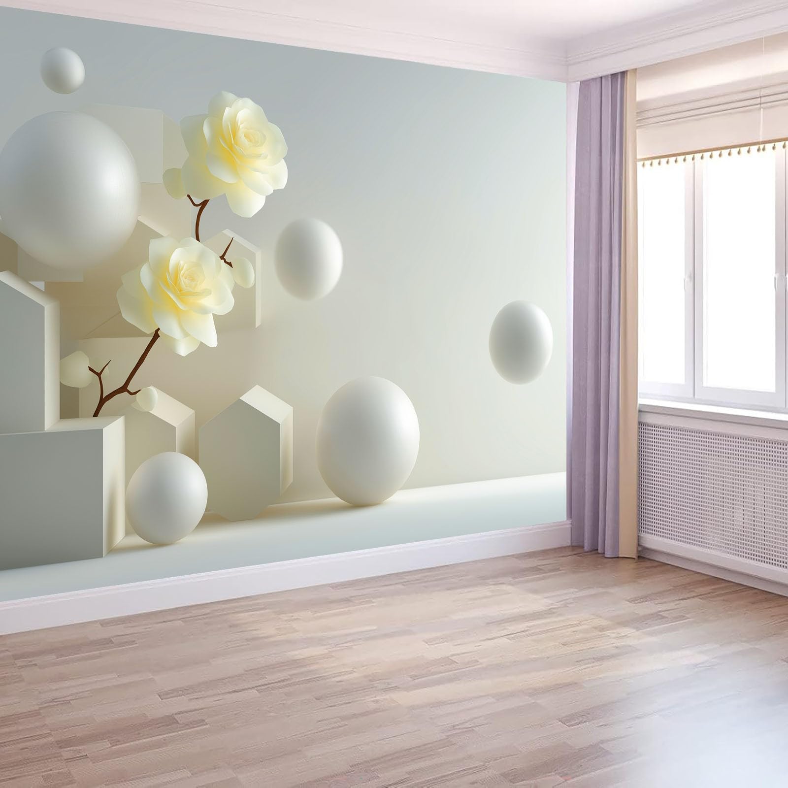 Fototapeta 3D, geometryczna, przestrzeń, abstrakcyjna, kwiatowa, 250 x 175 cm, mural na duże tło dla telewizora, biała włóknina, murale 3D, do salonu, sypialni, dekoracja, plakat, pokrycie ścian