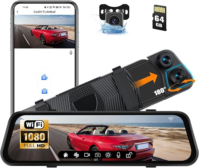 CAMECHO 1080P Retrovisor 9,66 Pollici Mirror Dash CAM Auto con 2 Telecamere 720P, Anteriore 150° e Posteriore Dashcam 120° con Linea Inversa, Visione Notturna, Sensore G, Scheda da 64 GB WIFI APP