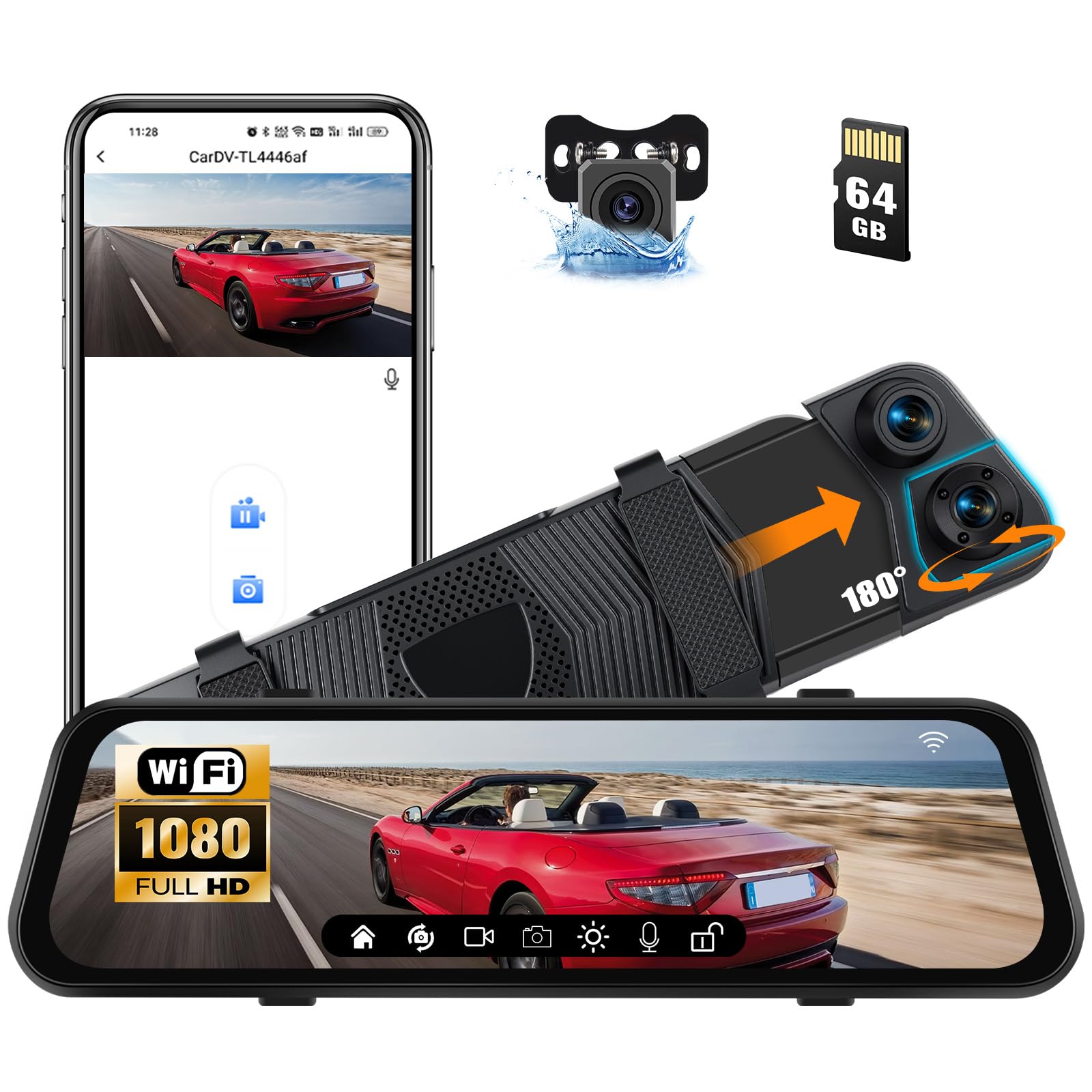 CAMECHO 1080P Rückspiegel 9,66 Zoll Spiegel-Dashcam für Autos mit 3 Kameras 720P, vorne 150° und hinten Dashcam 120° mit Rückfahrlinie, Nachtsicht, G-Sensor, 64 GB Speicherkarte, WLAN-App