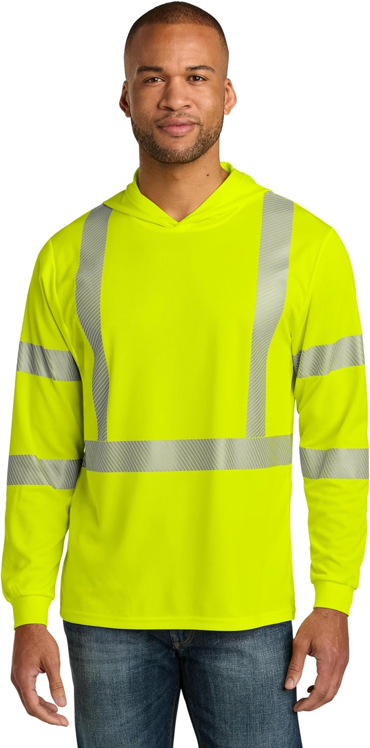 CornerStone Unisex ANSI 107 Class 3 Long Sleeve Segmented Tape Hooded Tee | Reflective Safety Work Shirt for Men & Women