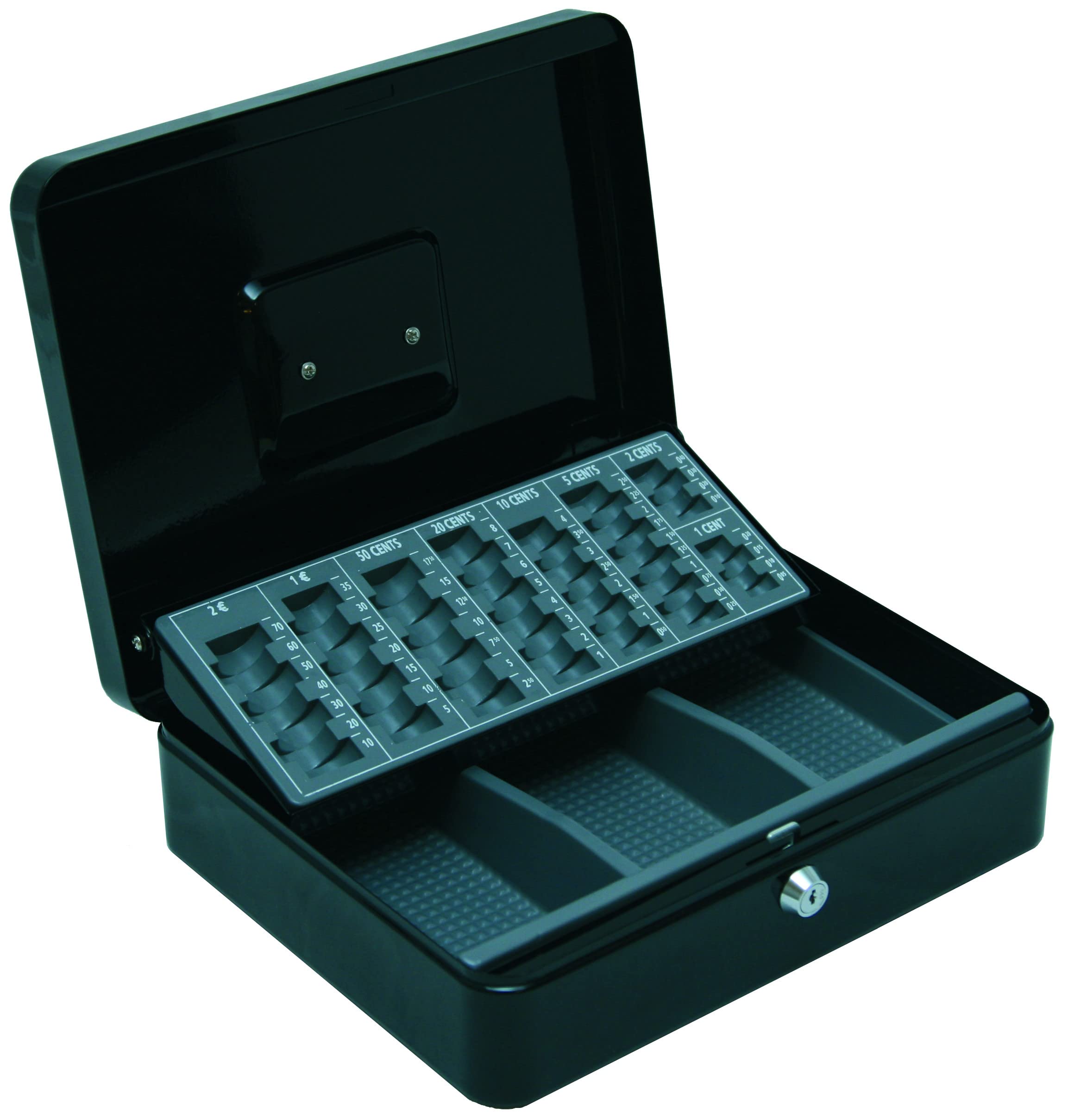 BASI Geldkassette mit Münzzählbrett | Geldscheinfach | Münzgeldeinsatz herausnehmbar | Tragegriff | 2 Schlüssel | H90xB300xT240 mm| Farbe Schwarz