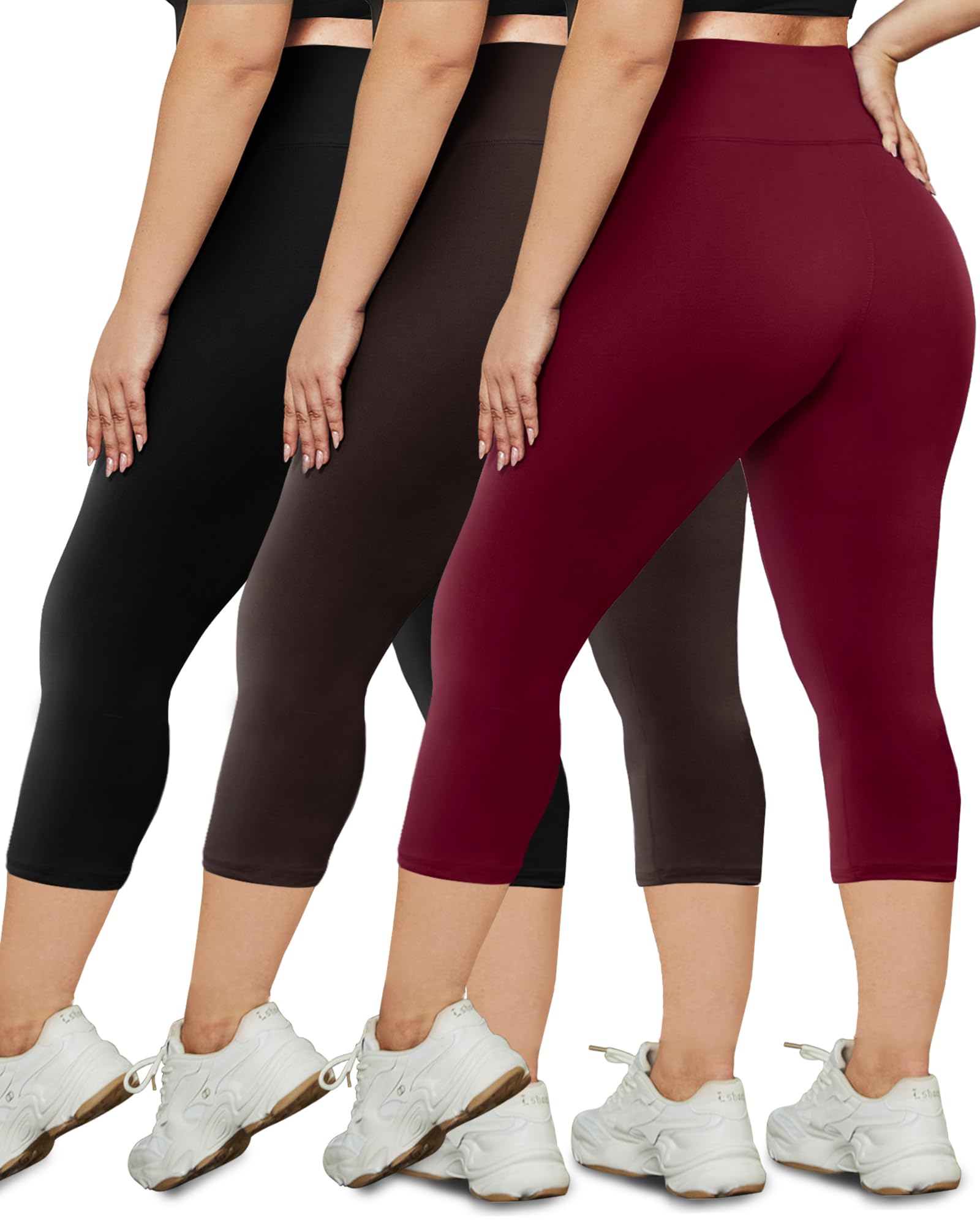HLTPRO 3 Pack Plus Size Leggings for Women - High Waist Stretchy Soft Yoga Pants for Workout Running Capri