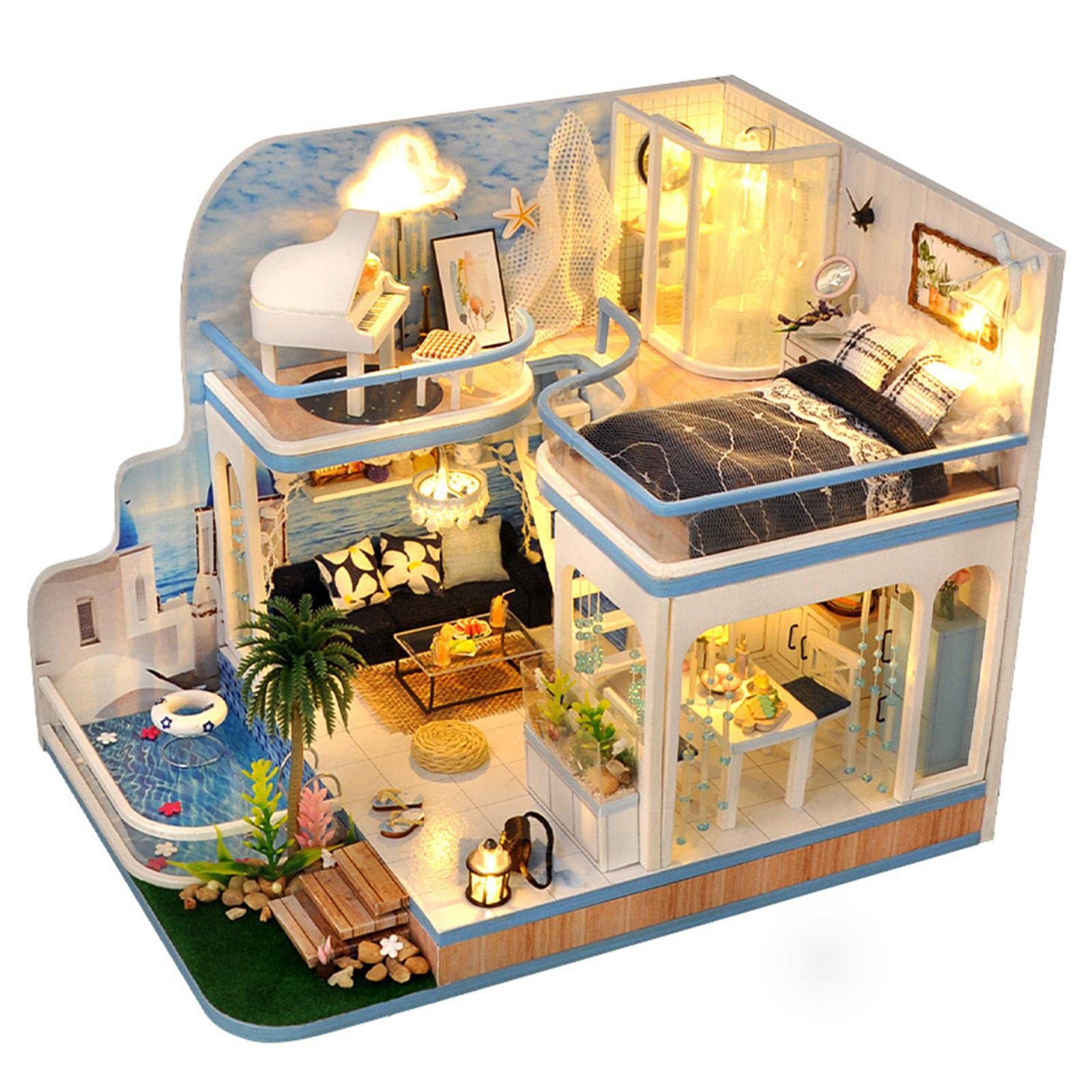 Casa delle Bambole Kit Fai da Miniatura Giocattolo Artigianale in Legno con Luci LED Hobby Creativo Manuale per Collezione Regalo Bambini