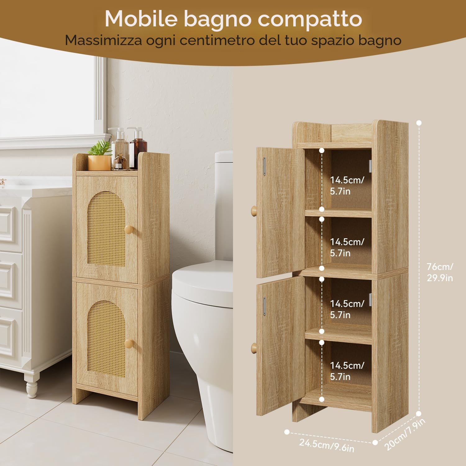IBUYKE Piccolo armadietto da bagno con porta in rattan, porta carta igienica stretta, armadietto da pavimento con ripiani regolabili, organizer salvaspazio per articoli da toeletta WBS001N