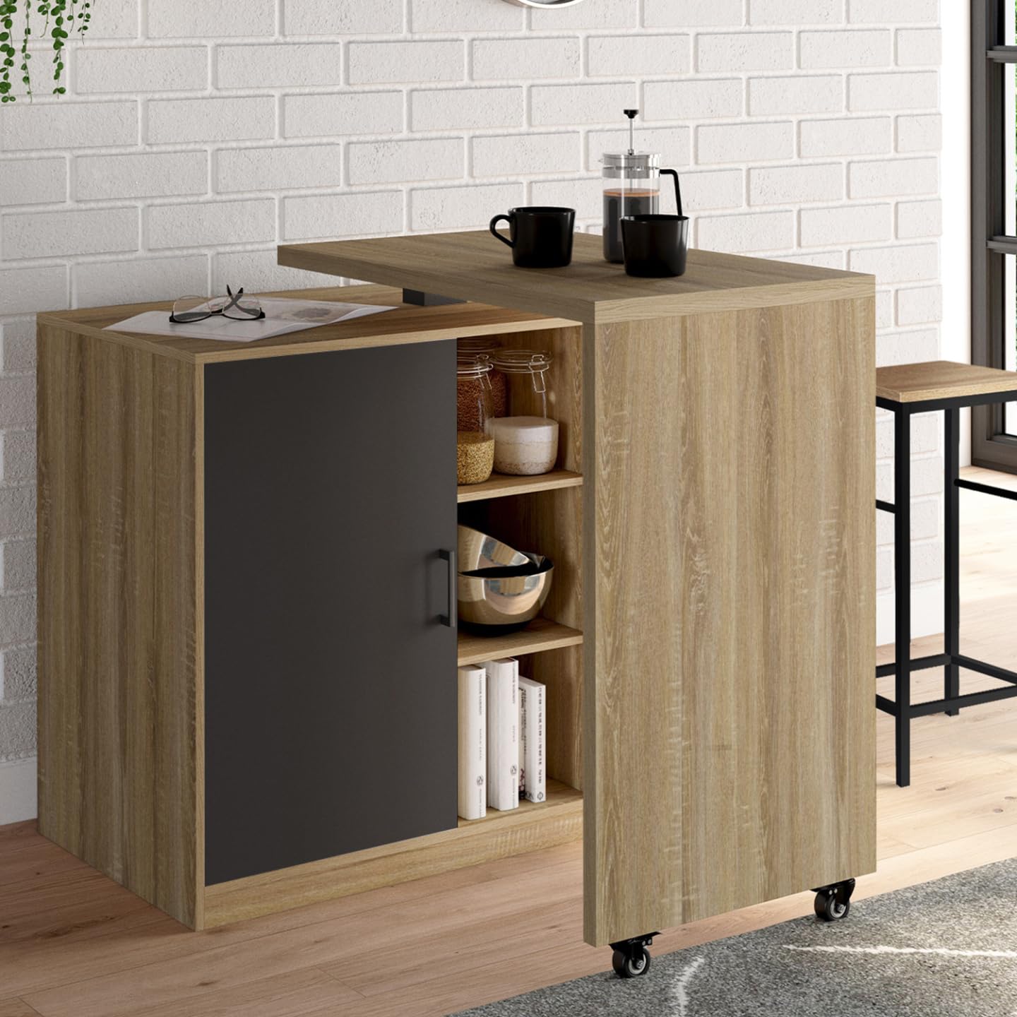 IDMarket - Ilot rotatif POLO meuble de bar pivotant 2 en 1 imitation hêtre porte noire