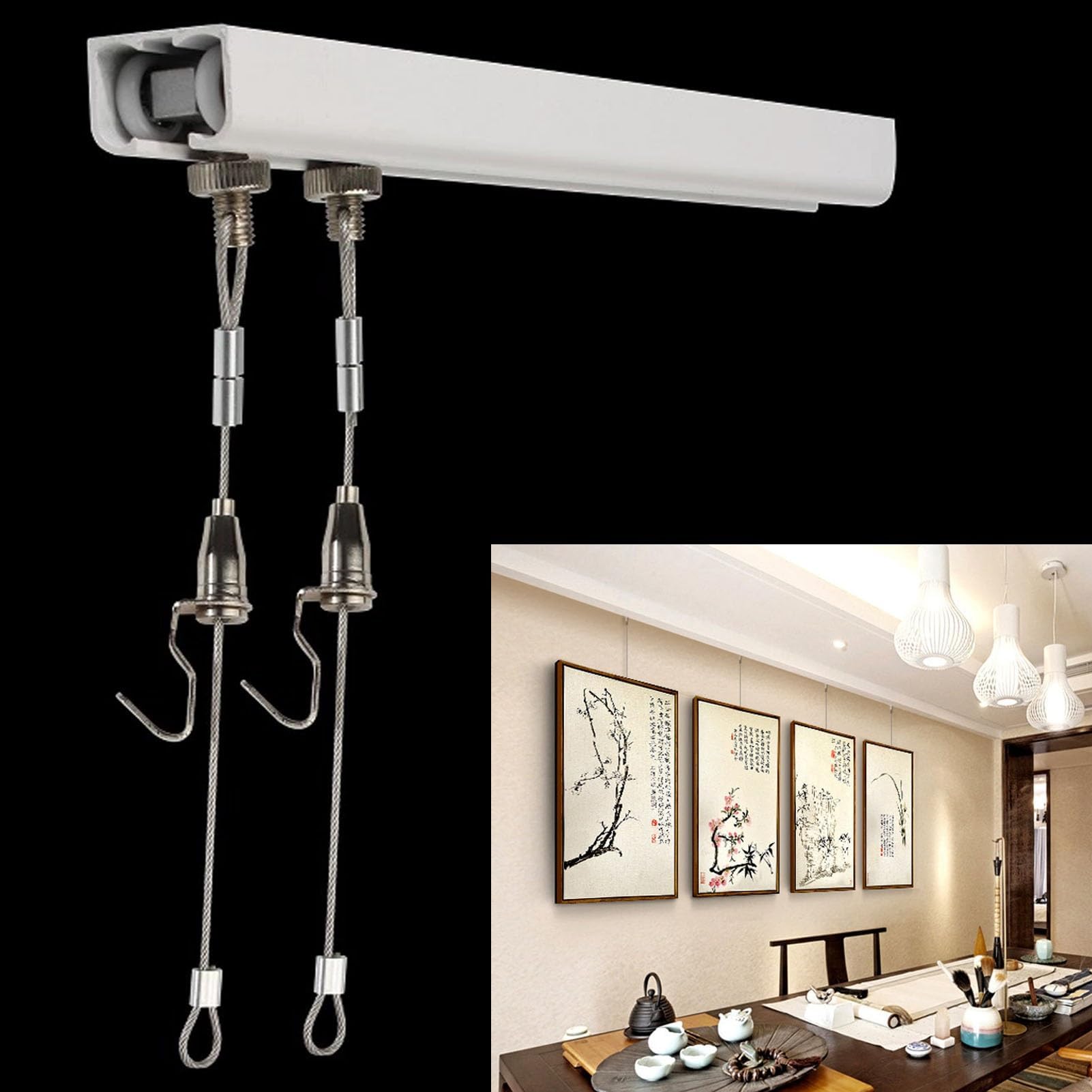 White Picture Rail Hanging System Kit, Wall/Celling Adjustable Picture Hanging Kit for Home Gallery, Heavy Duty Picture Rail with Hook & Cables(Ceiling Mount,1m Rail+1.5m Wire)