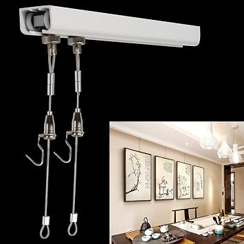 White Picture Rail Hanging System Kit, Wall/Celling Adjustable Picture Hanging Kit for Home Gallery, Heavy Duty Picture Rail with Hook & Cables, Ceiling Mount-1m Rail+3m Wire