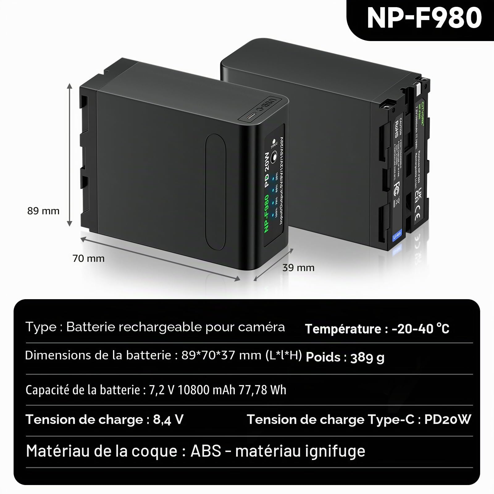 CITYORK 2 X 10800mAh NP-F980 Batterie, pour Sony NP-F980 F970 F975 F960 F930 F770 F750 F730 F570 F550 F530 F330 Toutes Les Battery NP-F, pour caméscopes Sony, Lampes vidéo LED[PD 20W/ USB Type C]