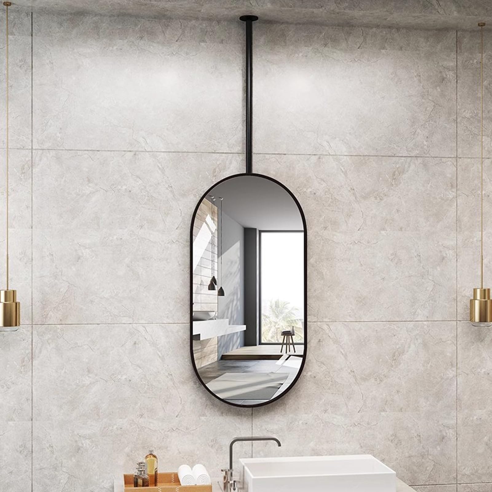 Miroir de plafond ovale en métal noir aux finitions haut de gamme