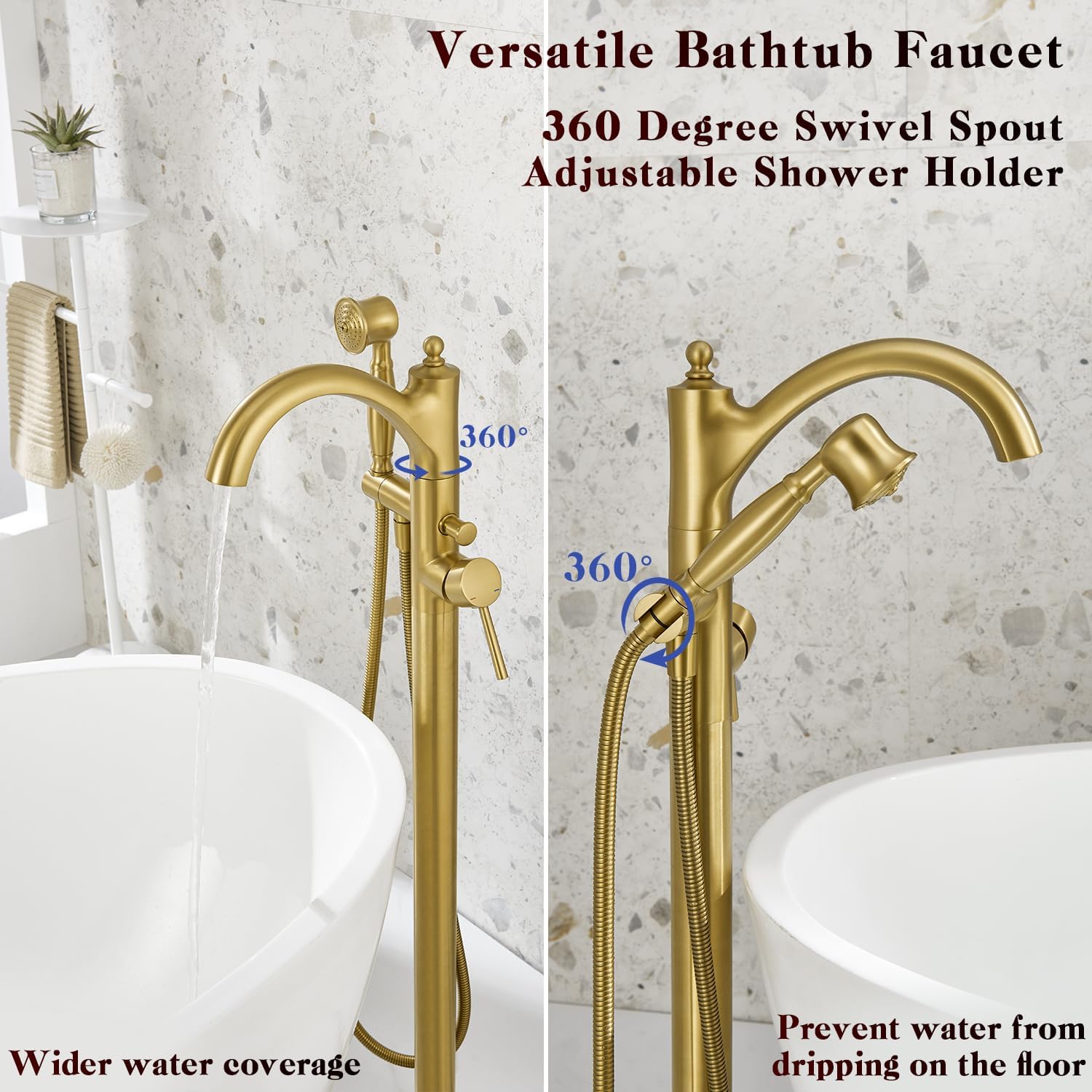 Free Standing Tub Faucet, Brushed Gold Classic Freestanding Bathtub Faucet with Vintage Hand Shower Brass High Flow Rate Floor Mount Tub Filler Swivel Spout Roman Tub Faucet Set (WT-9002BG) - Image 5