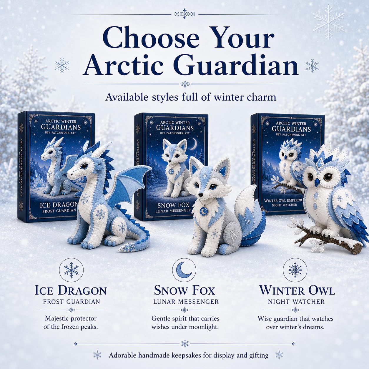Arctic Winter Guardians, zestaw patchworkowy, patchworkowy 3D, patchworkowy, filcowy, fantazyjne stworzenie, pluszowe zwierzę, zestaw rzemieślniczy, ręcznie robiony zestaw do szycia, prezent dla