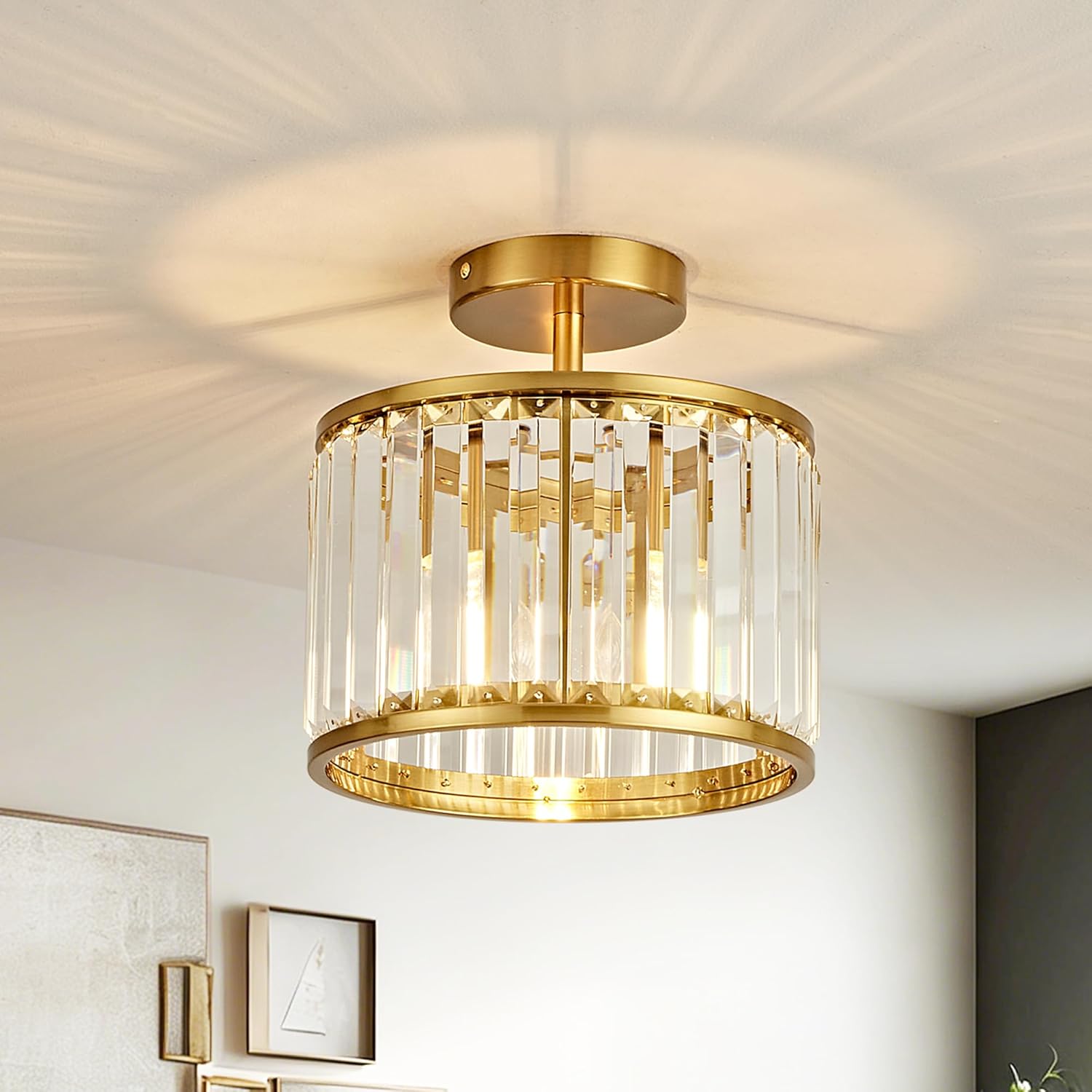 OKELI 9.8" Small Crystal Chandelier Semi Flush Mount Ceiling Light, Modern Round Crystal Chandeliers Ceiling Lights Fixture for Hallway Bedroom Living Room E26, Copper