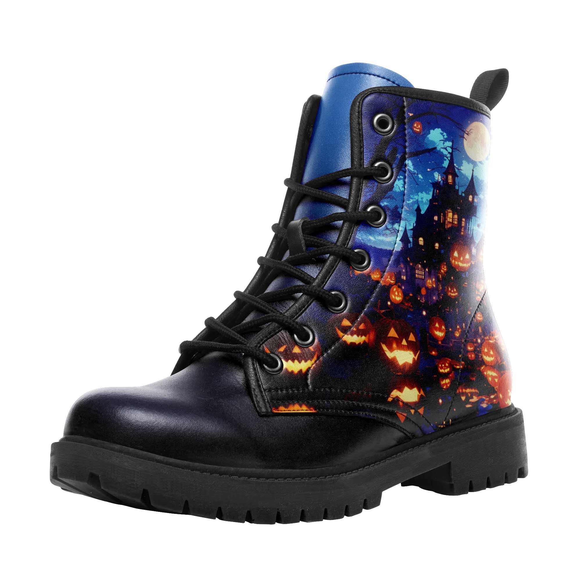 Halloween Combat Boots for Women Comfortable Spooky Pumpkin Witch Print Lace-Up Goth Platform Booties