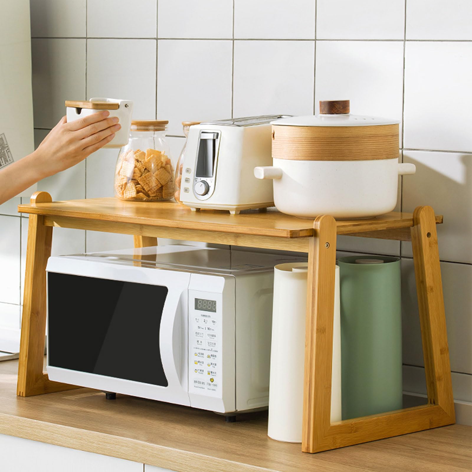 Drewniany stojak na kuchenkę mikrofalową na blat z półką na toster, 2-poziomowy, do kuchenki mikrofalowej, urządzeń elektrycznych i przypraw