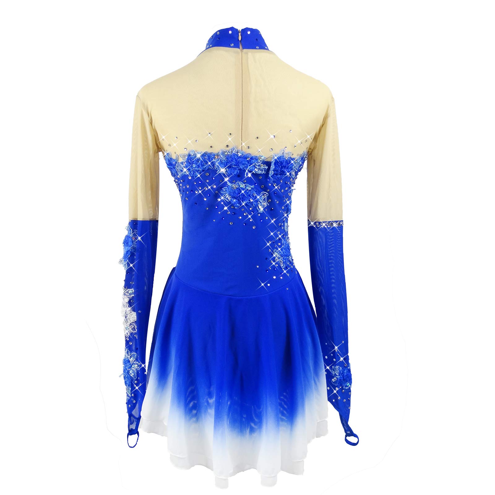 LIUHUO Robe Bleue de Patinage Artistique,Jupe de Patinage à Manches Longues sur Glace,Robes de compétition Spandex Manches Doigts Jupe en Maille