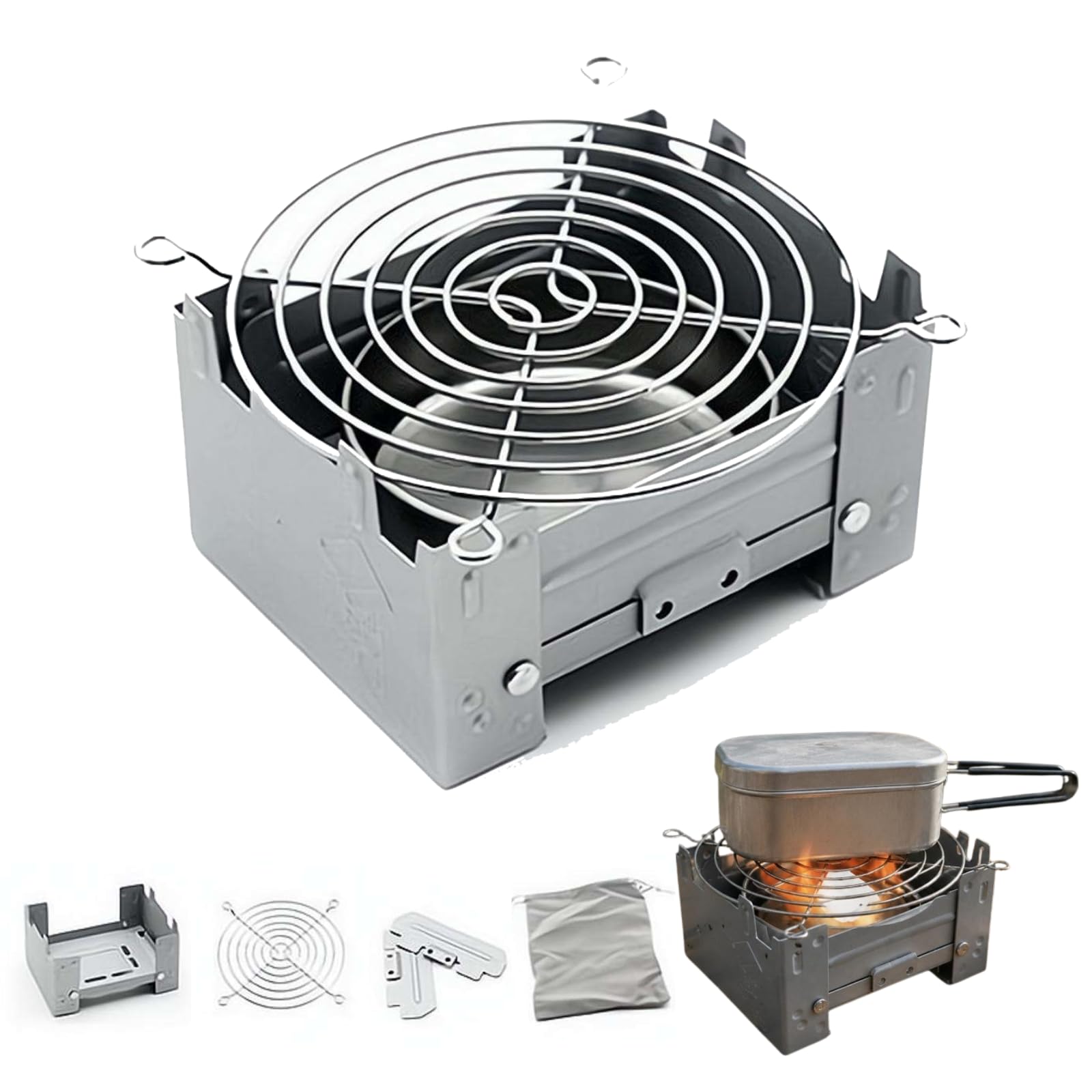 Folding Camping Stove – German Style Ultralight Pocket Rocket Stove, Portable Collapsible Camp Stoves with Windshield, Solid Fuel Emergency Furnace for Backpacking Hiking, 104g (Silvery+Bag)
