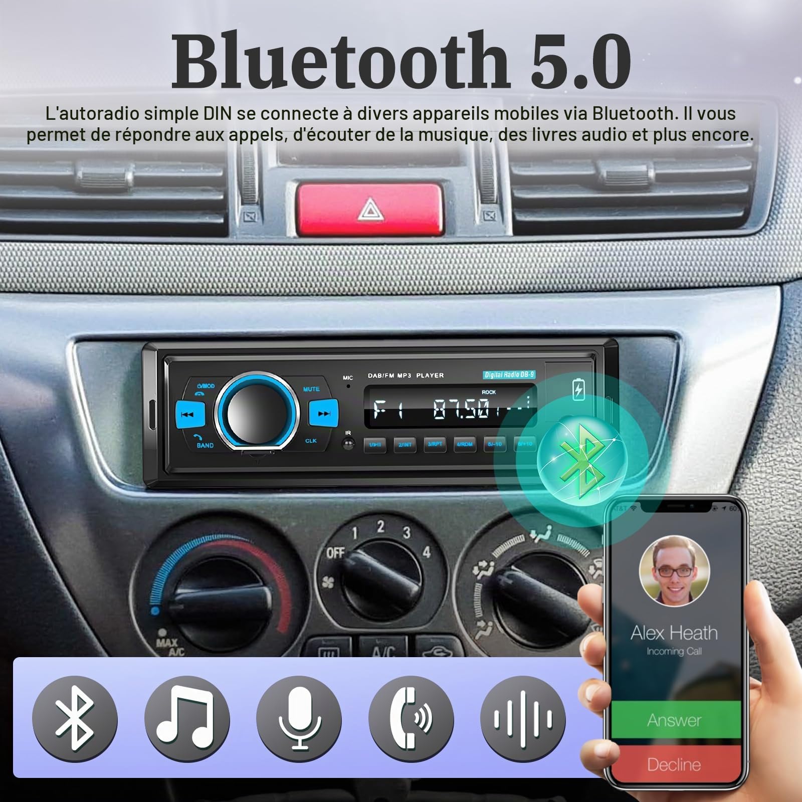 Autoradio Dab 1 Din avec Bluetooth 5.0 / EQ Audio/Appel Bluetooth/Radio FM/Charge USB/éclairage des Boutons/Port Carte TF SD/AUX-in, autoradio Single din + télécommande SWC