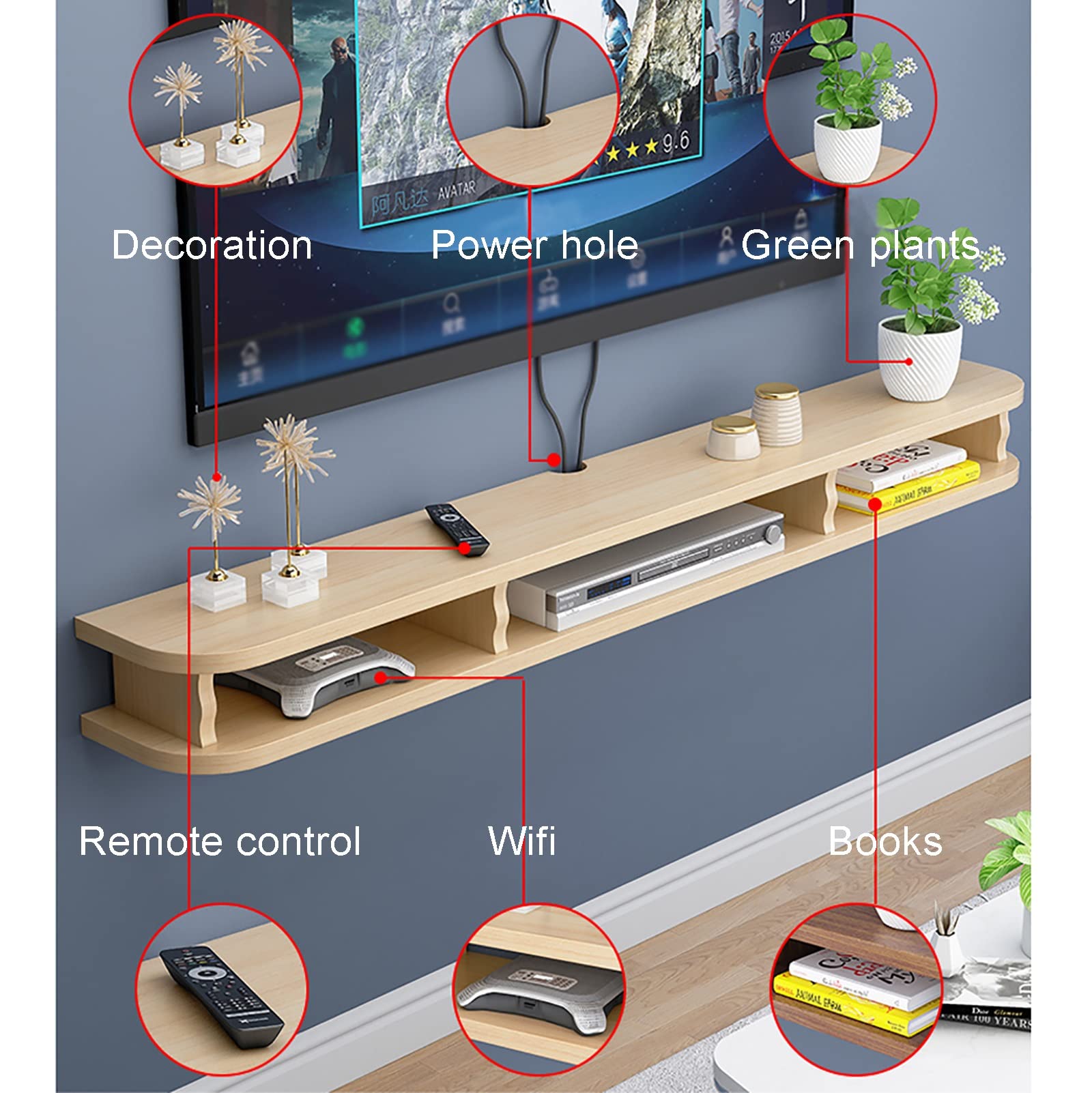 Soporte de TV Flotante de Pared Estante de Pared/Mueble de TV Componente de gabinete de Centro de Entretenimiento, para Unidad de Almacenamiento Consola de Audio/Video Decodificador de Cable