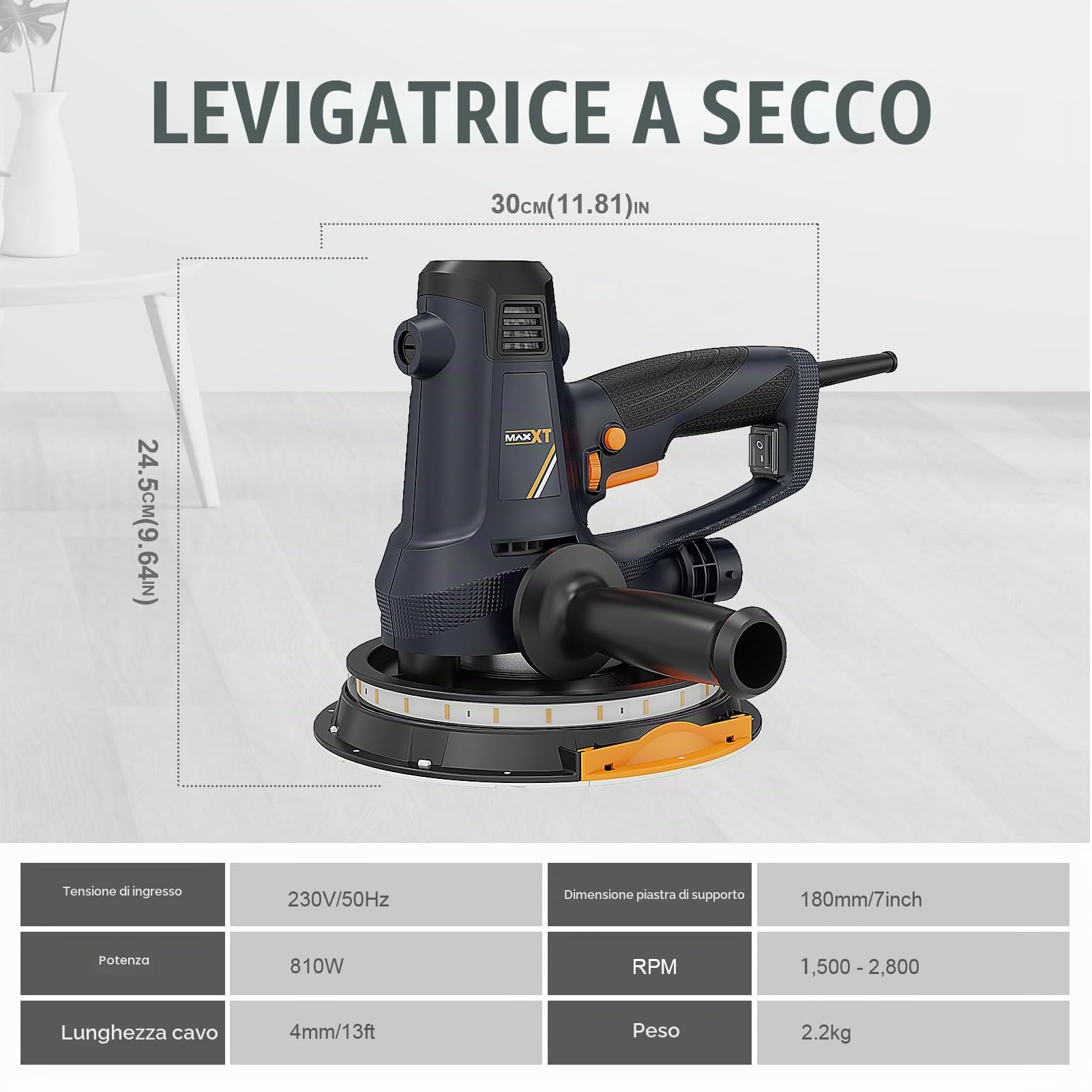 MAXXT Levigatrice manuale per cartongesso, 810 W, smerigliatrice elettrica per pareti, 1500-2800 giri/min, velocità variabile, aspirazione regolabile, levigatura grossolana/fine, 8 pezzi