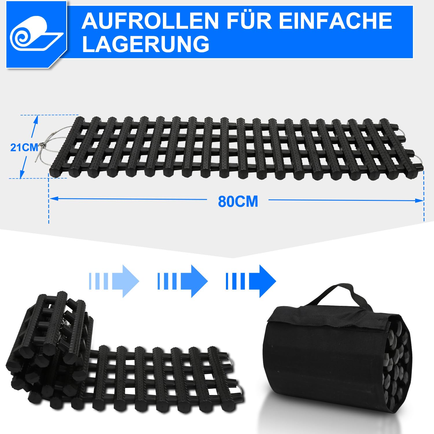 2 pièces aide au démarrage, tapis de traction voiture 7 tonnes, 80 x 21 x 2,5 cm aide à la traction tout-terrain, plaques de sable TPR camping-car avec sac de transport pour neige/sable - 5