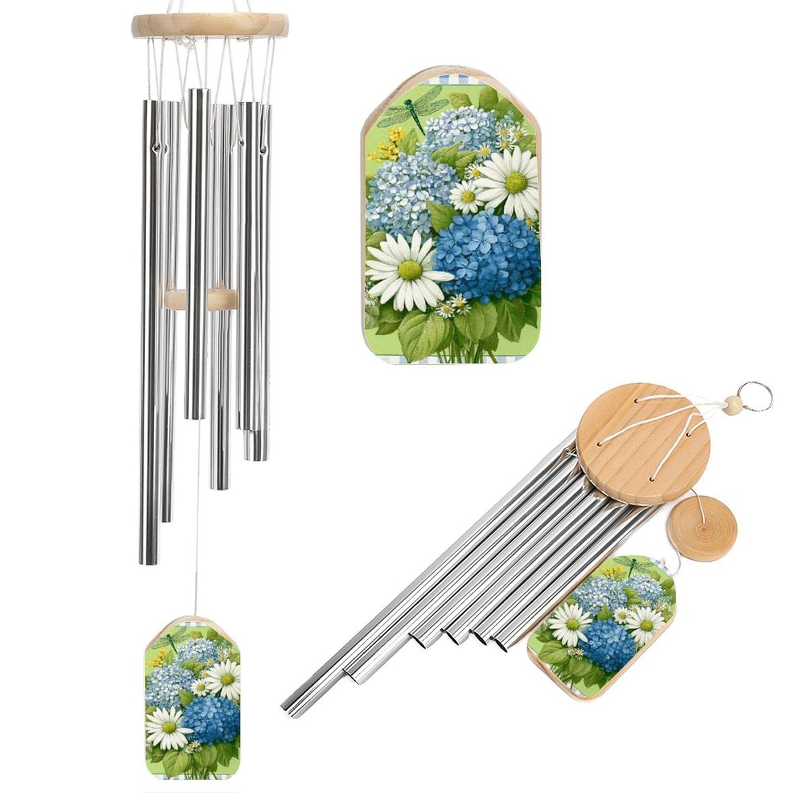 Blue Hydrangeas White Daisies Dragonfly Wind Chimes Memorial Deep Tone Windchime with 6 Aluminum Tubes Outdoor Backyard Garden Decoration