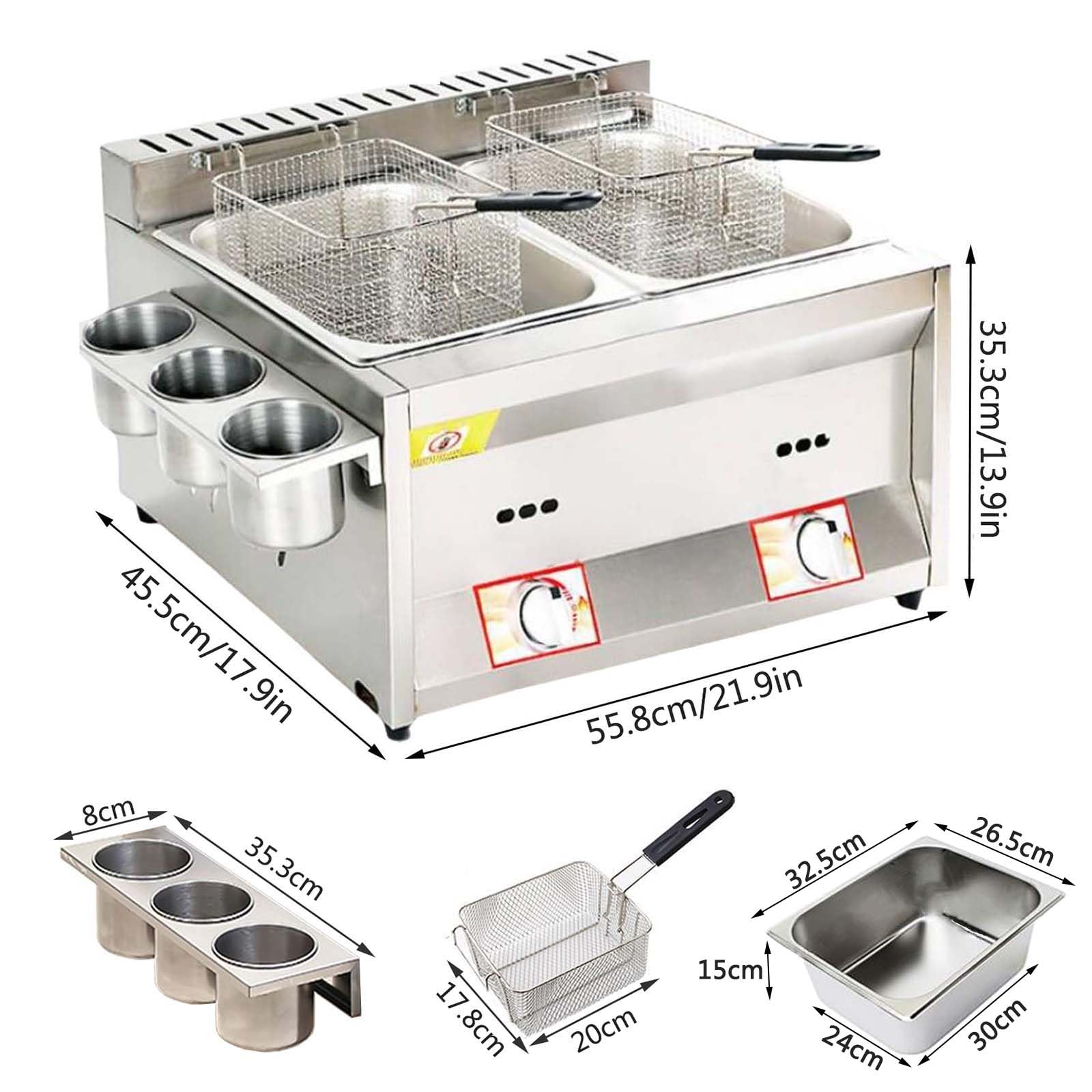 Friggitrice a Doppio Serbatoio da 10L+10L, Friggitrici in Acciaio Inox con Frittura Cestello e Coperchi, Potenza di Fuoco Regolabile, Facile da Pulire, Friggitrice a Olio da Banco per Casa Commerciale