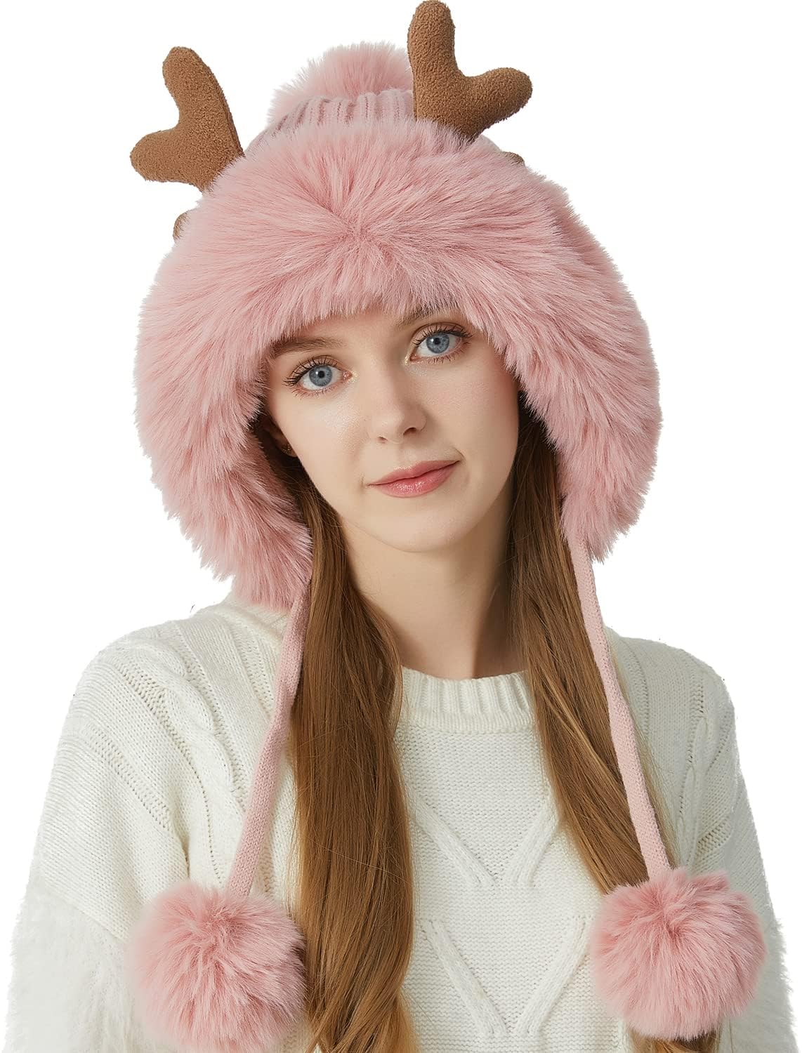 HUAMULAN Women Winter Knit Ear Flaps Beanie Hats Sherpa Peruvian Cover Ears Warm Fleece Lined Ski Snow Hat Deer Antler