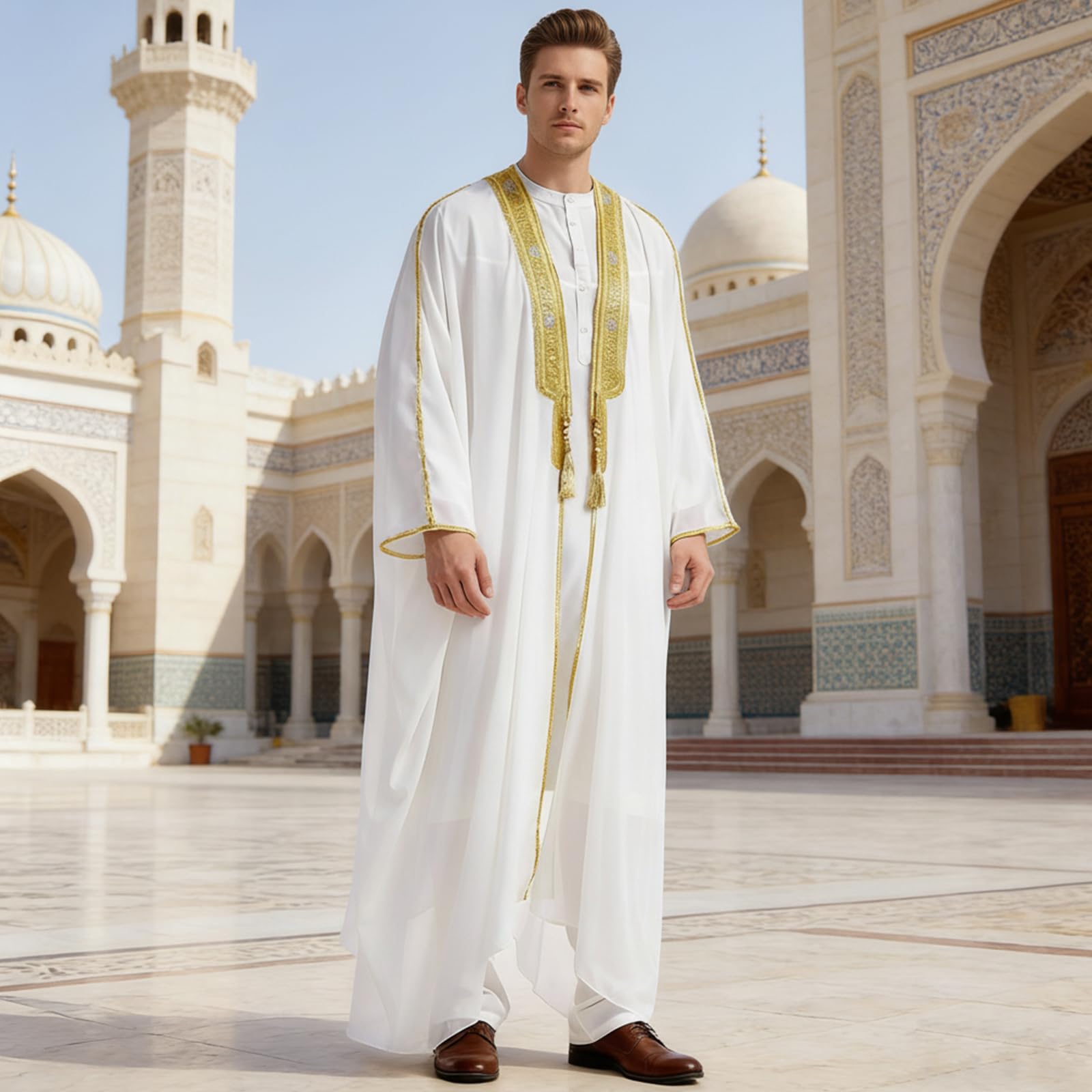 zhxinashu Djellaba Homme Marocaine - Abaya Homme Longues Chemise en Chiffon Imprimée Musulmane, Caftan Homme Rétro Décontracté Taille Large