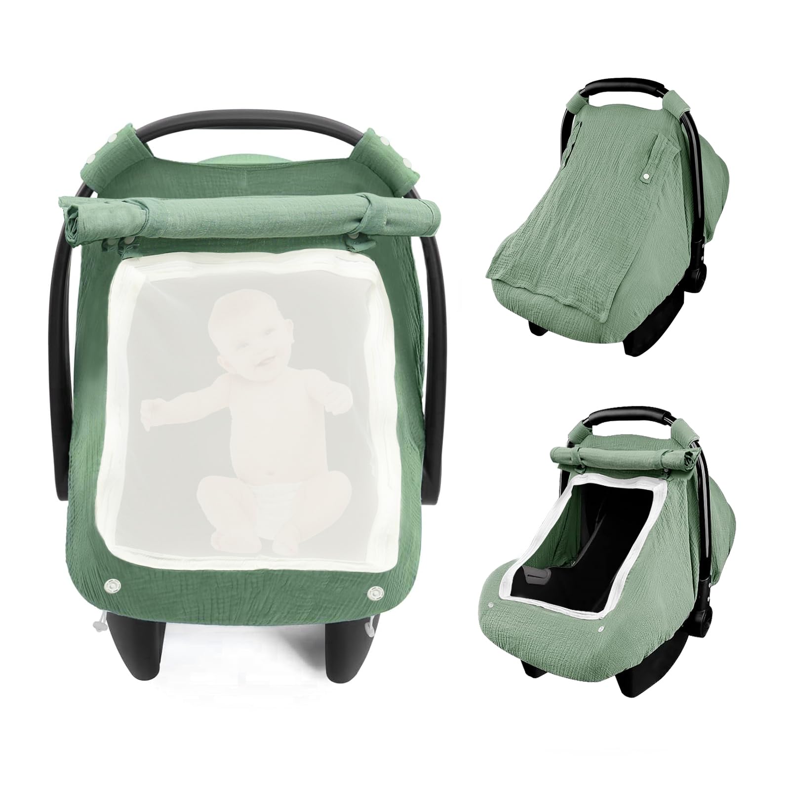 Cotton Baby Car Seat Cover,Infant Car Seat Weather with Two Way Zipper Windproof 3 Modes Infant Carrier Canopy with Extra Large Mesh Window for Stroller CarSeat(Green)
