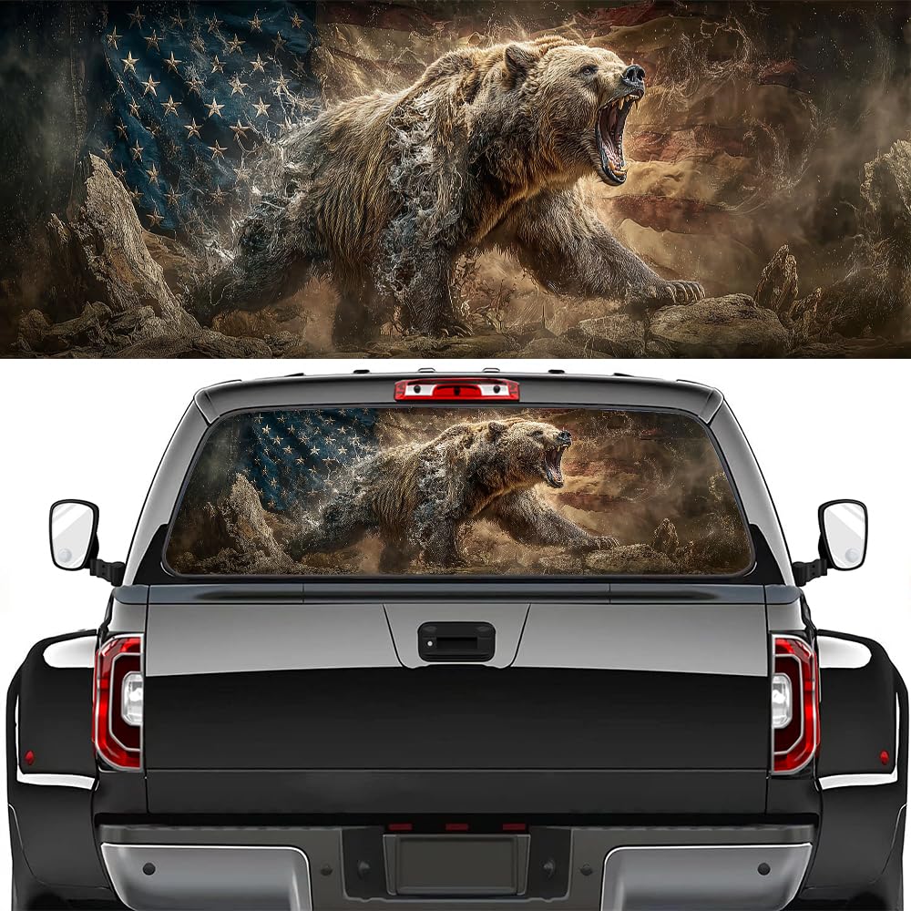 Photo 1 of ***STOCK PHOTO FOR REFERENCE ONLY***

FOCCAFB American Flag Bear Truck Rear Window Graphic Decals, Vintage Roaring Animal Wilderness Pickup Car Window Stickers Truck Back Window Film Decal for Trucks SUV 66 x 22 inch