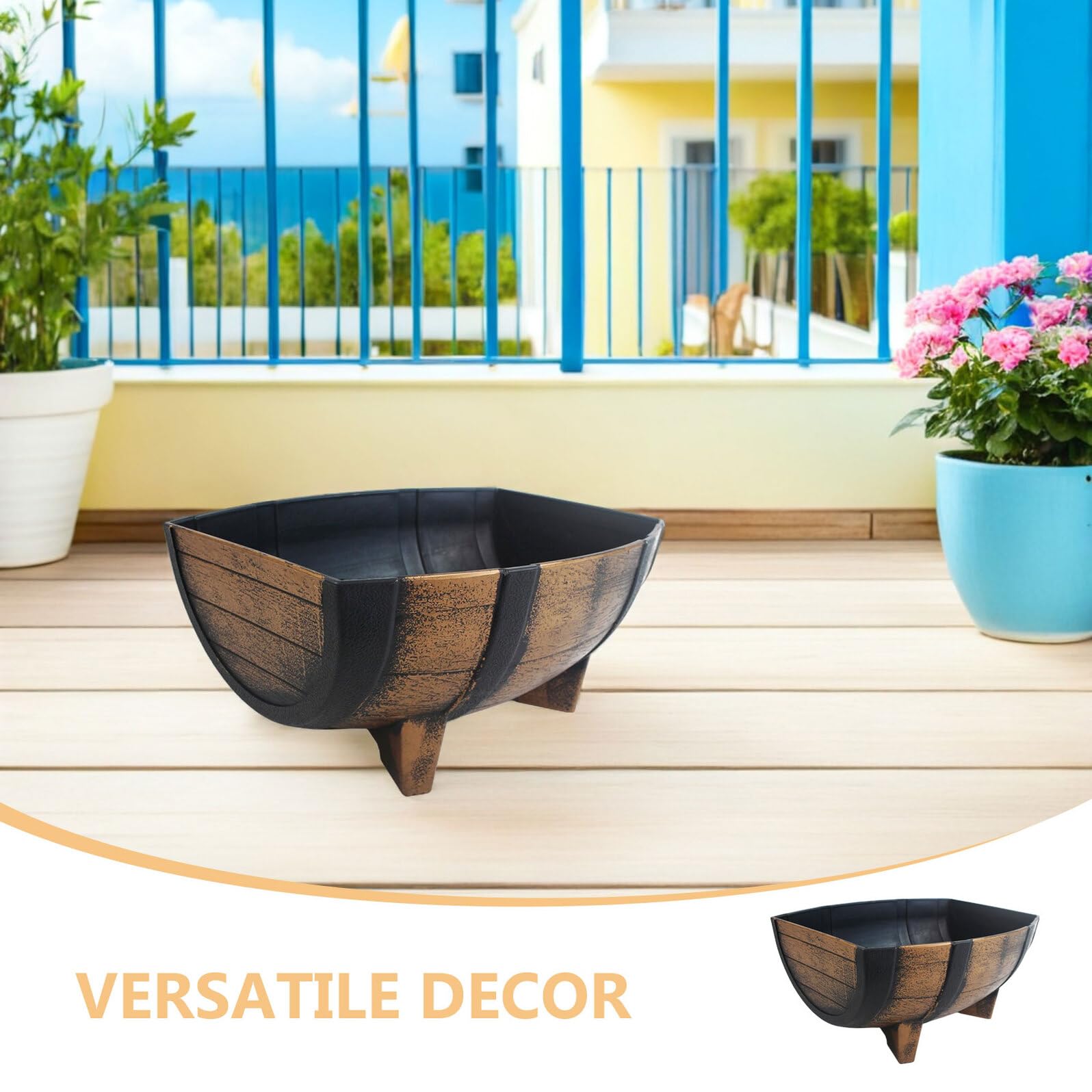 COLLBATH Jardinera de Medio Barril Rústica para Jardín Exterior E Interior, Maceta Estilo Granja 40,6x20,8 Cm, Plástico Resistente con Patas Elevadas para Mejor Drenaje y Decoración
