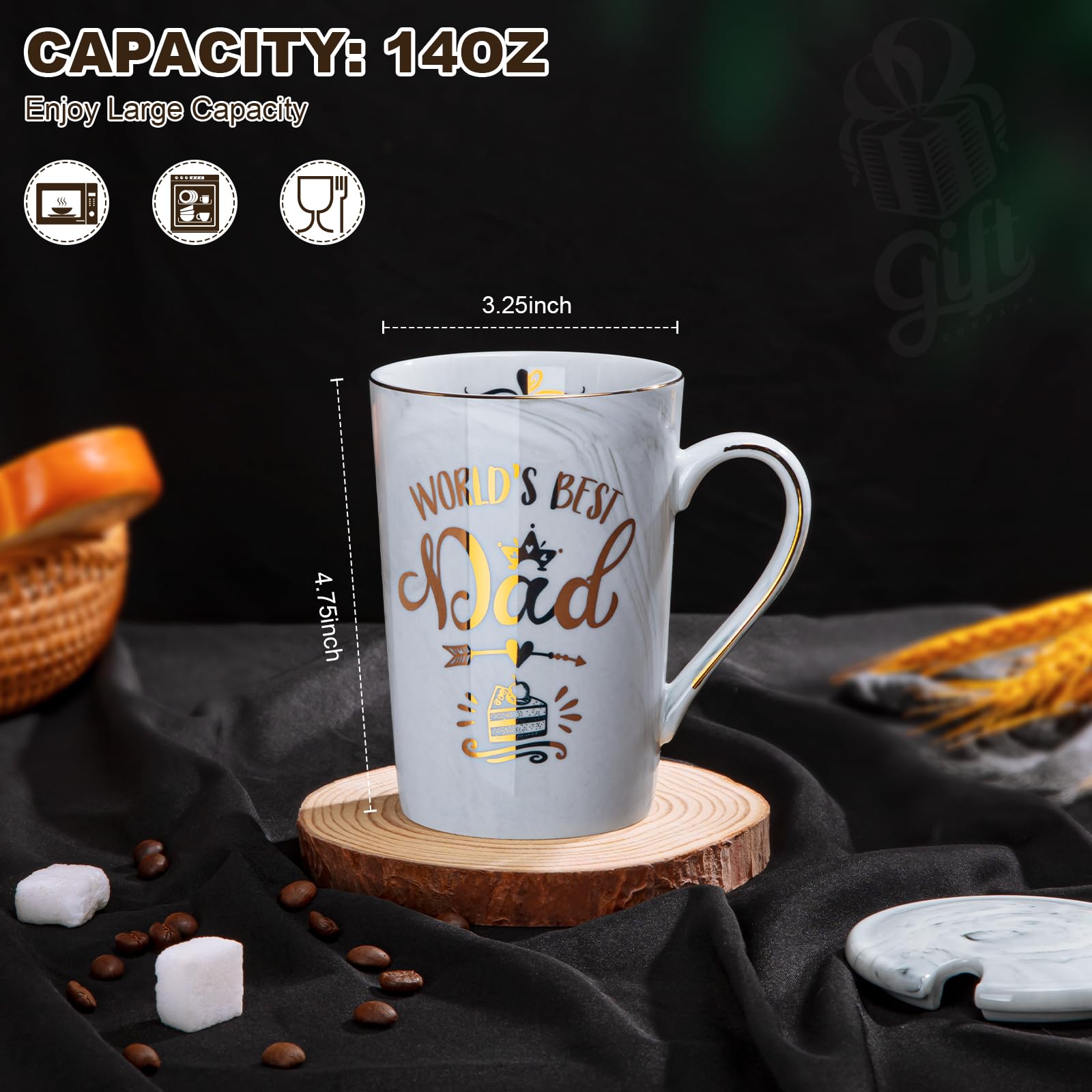 Fathers Day Birthday Gifts Presents for Dad from Daughter Son - World's Best Dad - Funny Daddy Mug with Gold Print, 14Oz Grey Marble Ceramic Coffee Cup, with Lid Spoon Greeting Card, Nice Gift Boxed