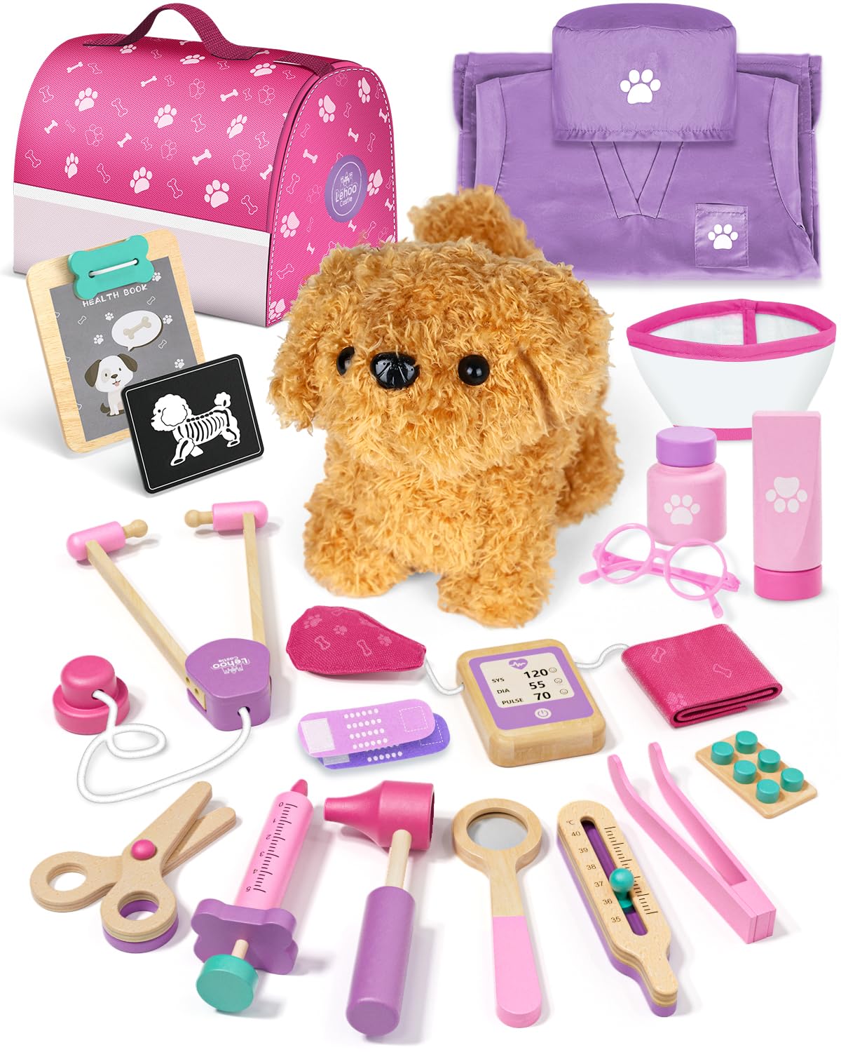 Lehoo Castle Toys for Years Old Girls, Vet Play Sets, Wooden Doctor Kit  for Toddlers 3-5 Pink, Pretend Play Dr Kits with Puppy, Dog Bag, Medical