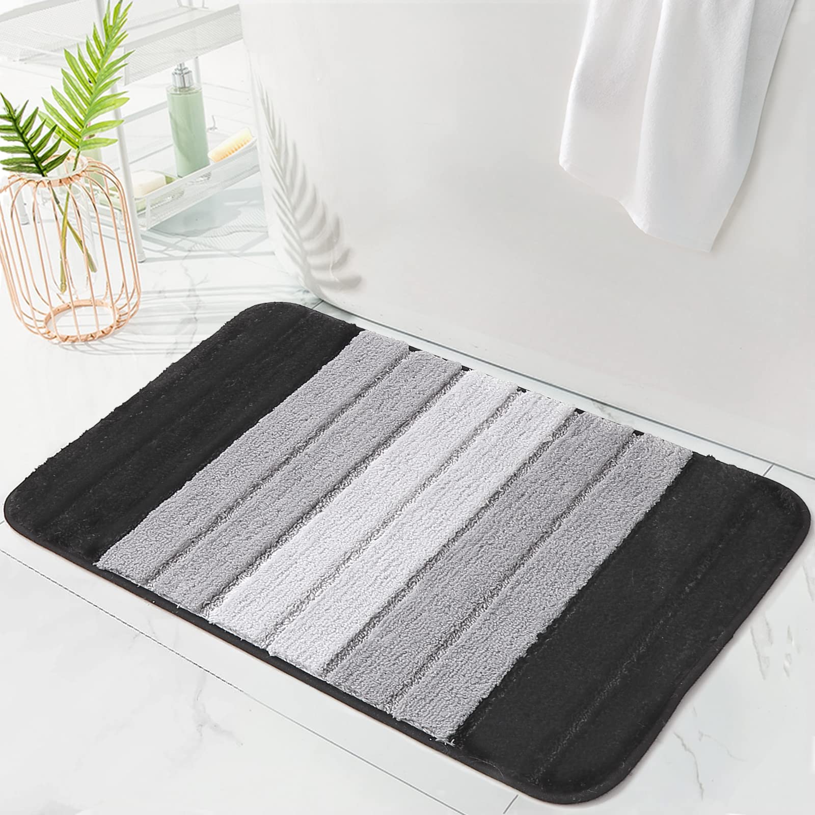 KMSON Ombre Bath Mat Bathroom Rugs, Non Slip Ultra Soft and Water Absorbent Bath Carpet, Machine Washable Quick Dry Bedroom Living Room Door Mat (Black, 20" x 32") — image 1