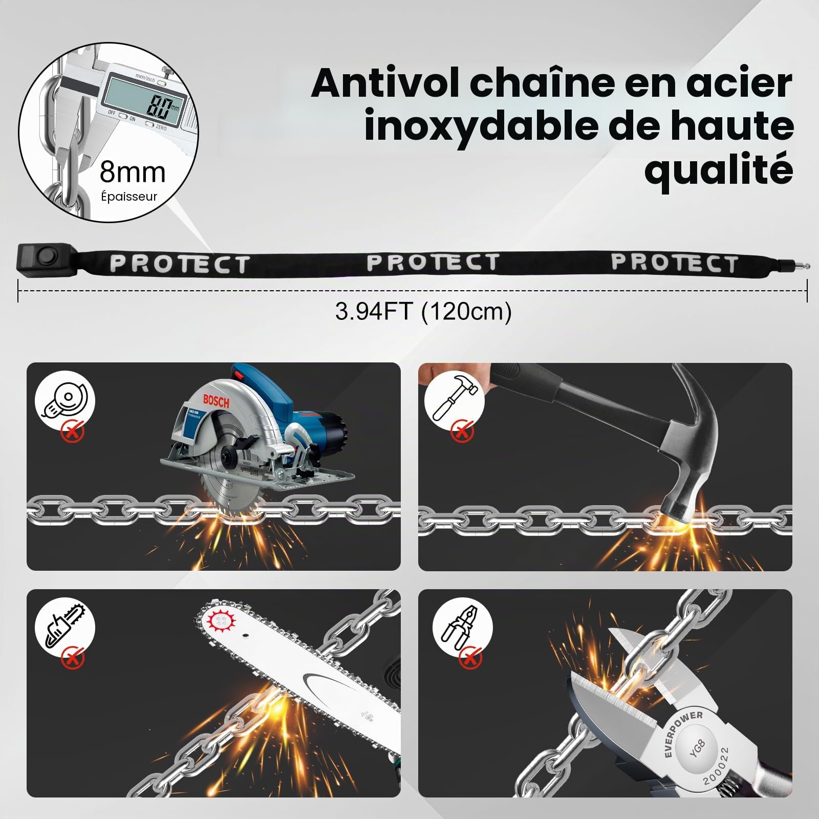 Serrure de vélo avec alarme et serrure de chaîne - Chaîne Anti - Rouille 8mm, Alarme 110db IP65 étanche avec 2 télécommandes, Double chaîne antivol pour vélo, scooter, moto électrique, entrepôt