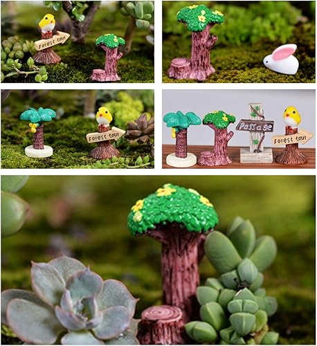 Miniatura 5 de Paquete de 64 figuras de bonsái de tocón de árbol de flores, letreros de camino de bosque de pájaros, calcomanías de mariquita de madera, miniaturas