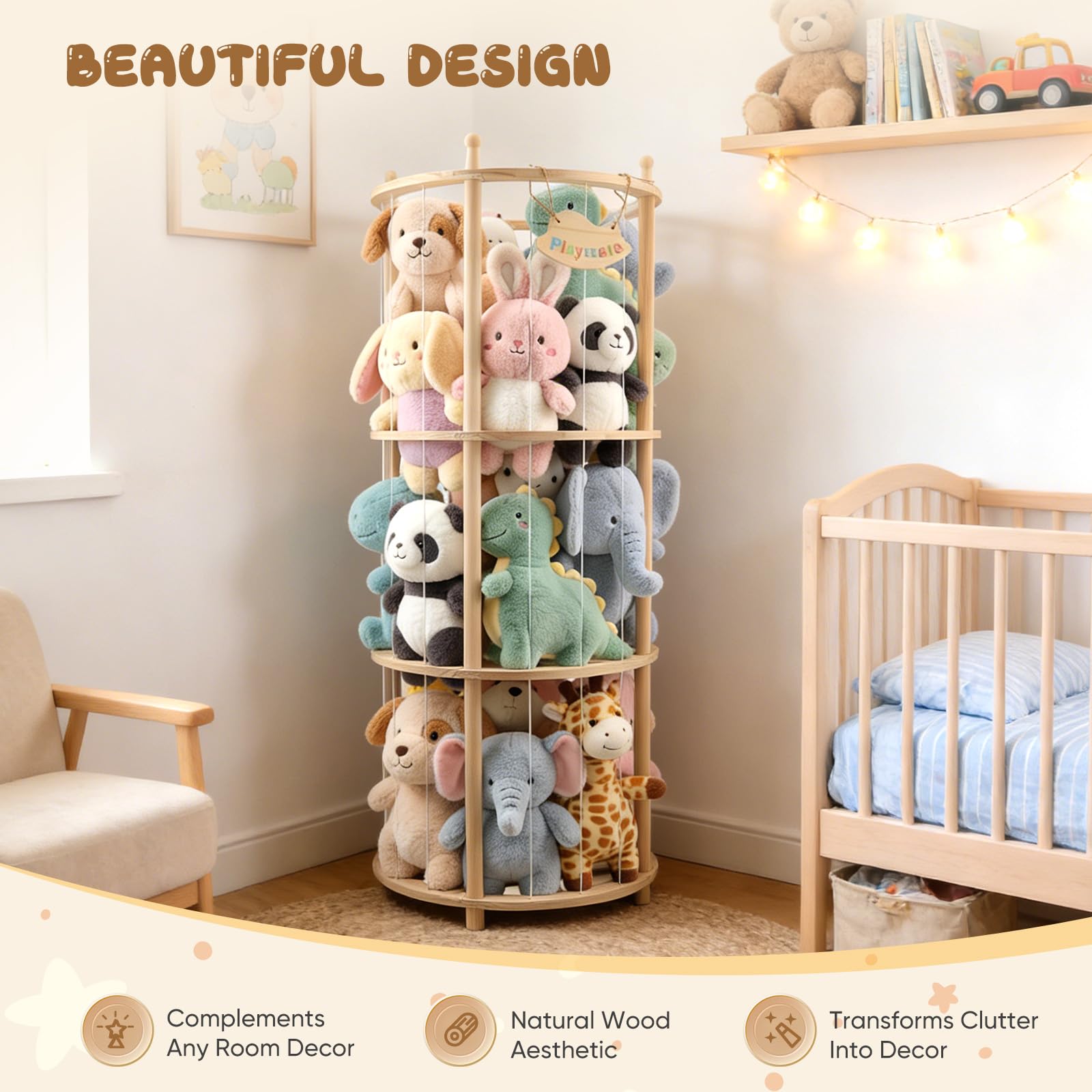 Almacenamiento de peluche, con ruedas equipadas de freno de 360°, ideal para habitación de bebé, salón, dormitorio, muebles de habitación infantil (137 x 51 x 51 cm)