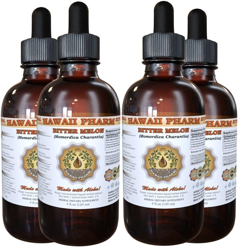 Hawaii Pharm Bitter Melon Liquid Extract, Bitter Melon (Momordica Charantia) Dried Fruit Tincture Herbal Supplement 2x4 oz