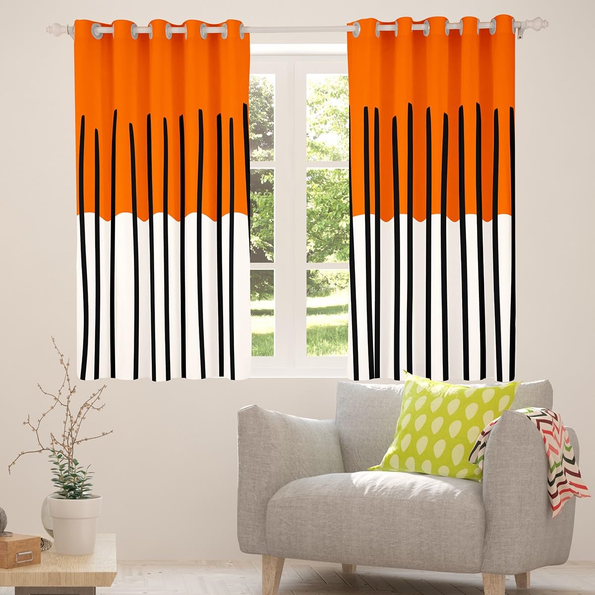 Homewish Pomarańczowo-białe zasłony zaciemniające 117 x 137 cm, 2 zestawy paneli do sypialni - czarne pionowe zasłony okienne w paski do salonu - abstrakcyjne geometryczne zasłony okienne nowoczesne