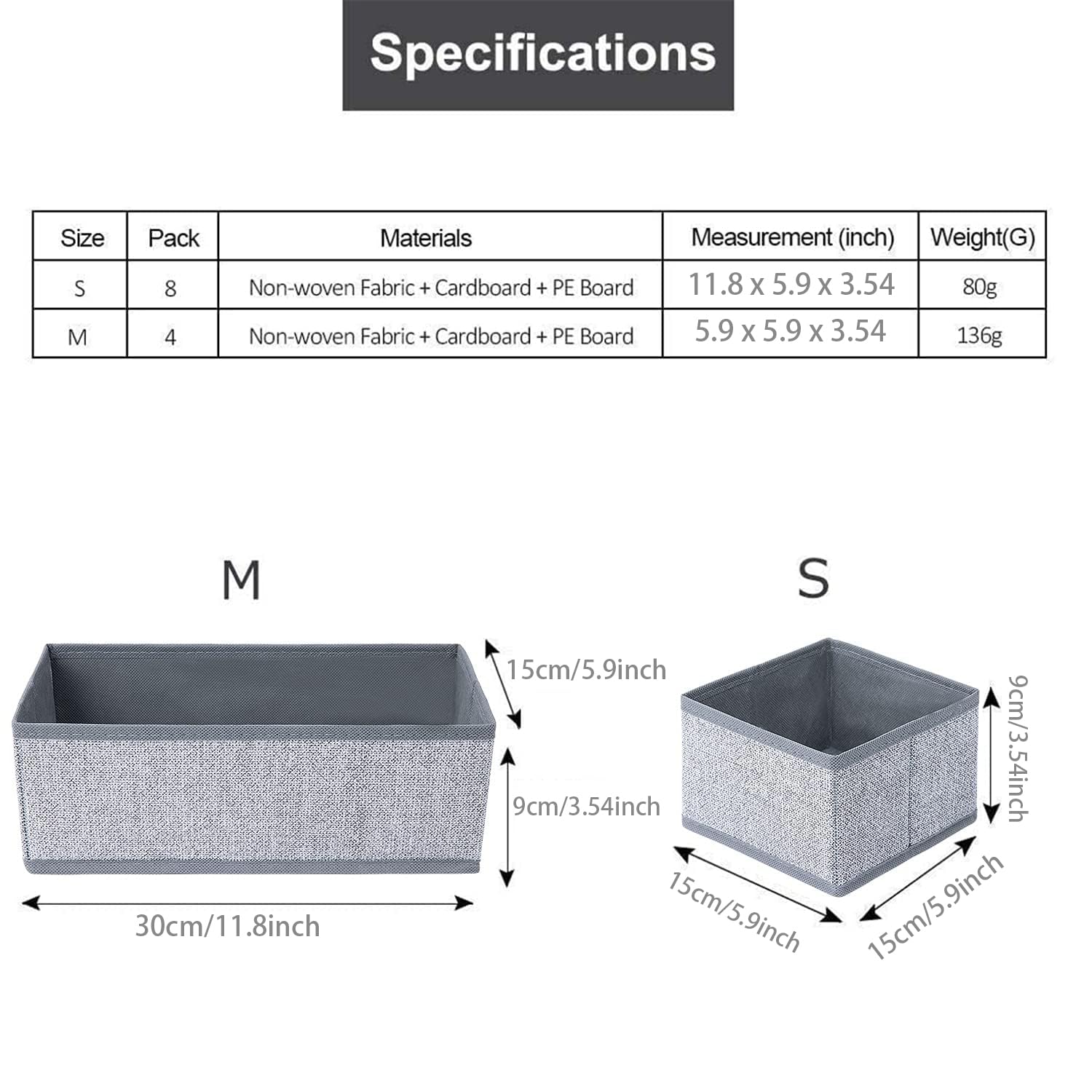 DIMJ 12 Pezzi Set Organizer Cassetti, Non Tessuto Cassetto Organizer, Divisori per Cassetti, Scatola di Immagazzinaggio Pieghevole, Texture Grigio Chiaro