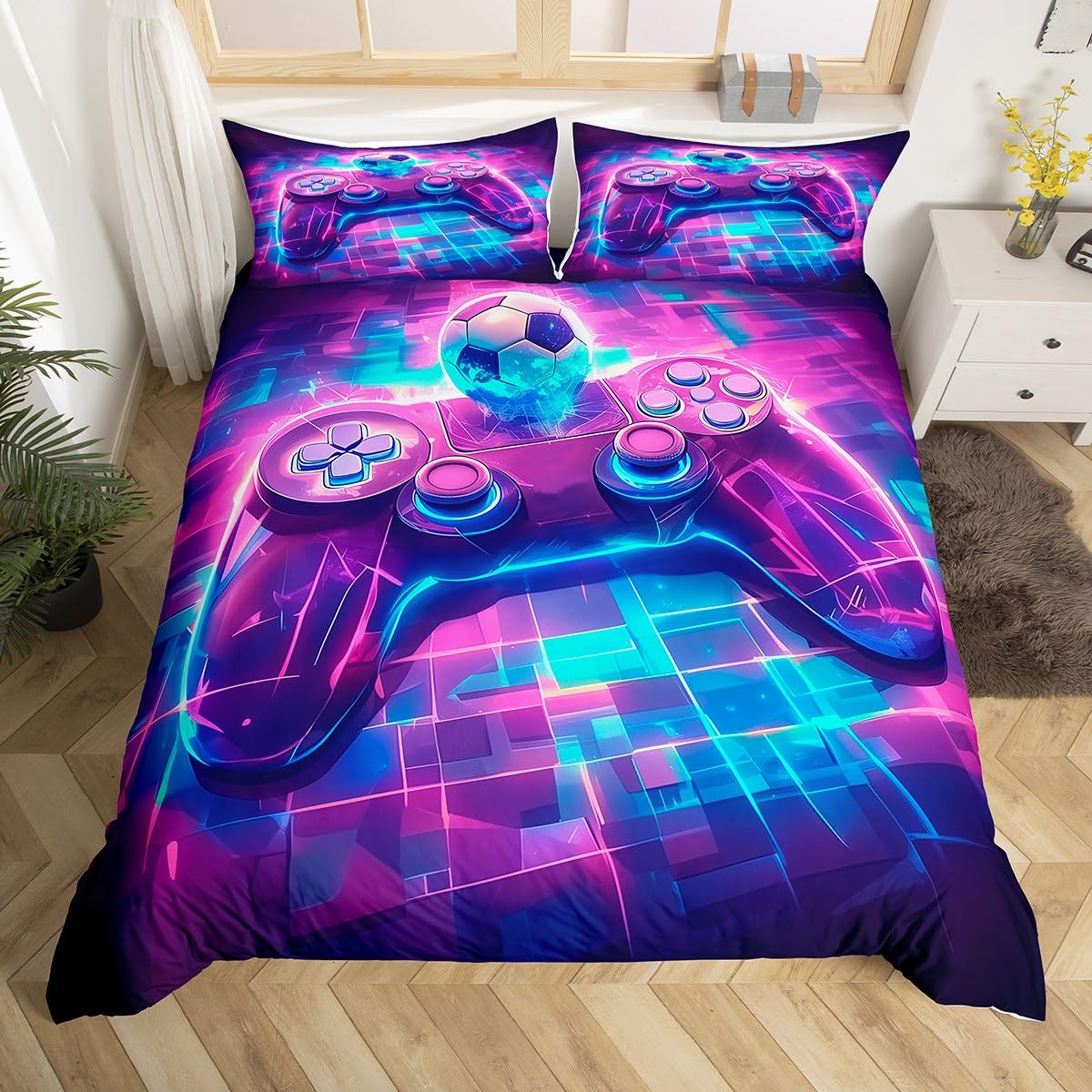Homewish Kids Gaming Double Bedding Set for Boys, Geometric Game Console Duvet Cover Game Room Decor, Purple Blue Checkered Gamepad Duvet Cover Set, Gamer Football Print Bed Sets — image 1