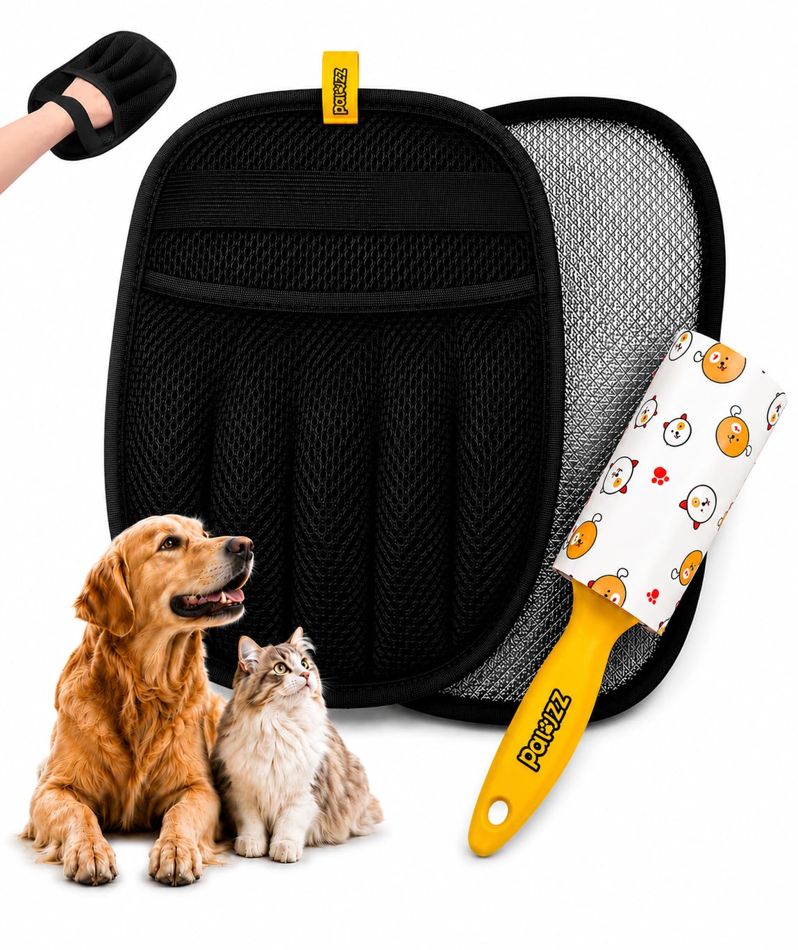 Photo 1 of 2 PCS PAWZZ Pet Hair Removal Glove for Dogs & Cats, Great for Deshedding & Removing Fur from Couch, Carpet, Car Seats & Clothing, with Bonus Lint Roller