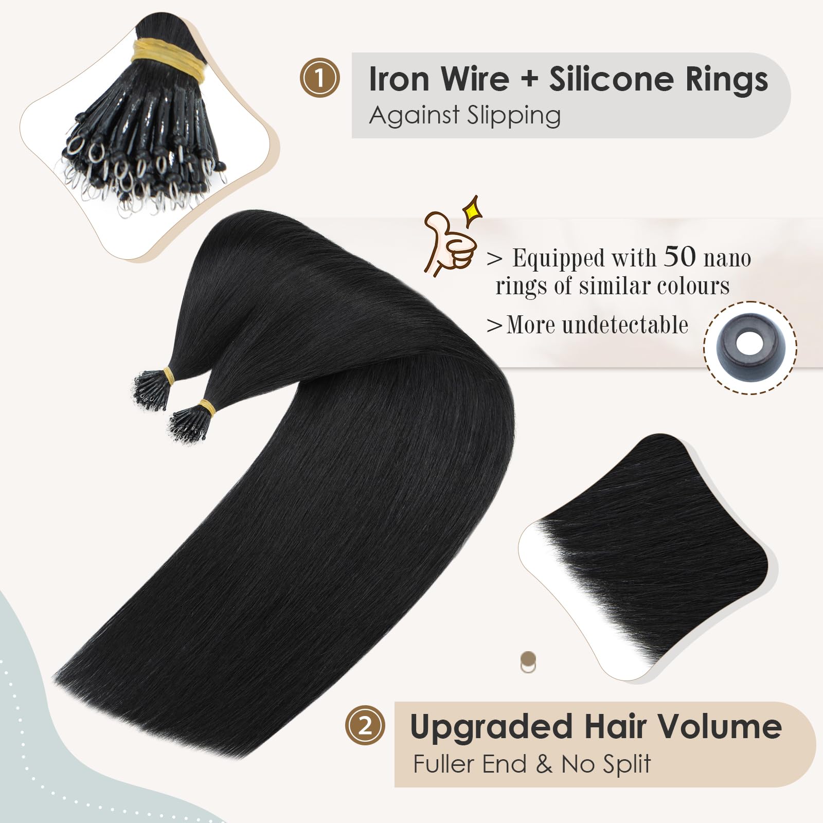 Elailite Black Nano Hair Extensions Real Human Hair With Nano Beads Rings Cold Fusion 50 Strands 50g Straight Long (#1 Jet Black - Image 3