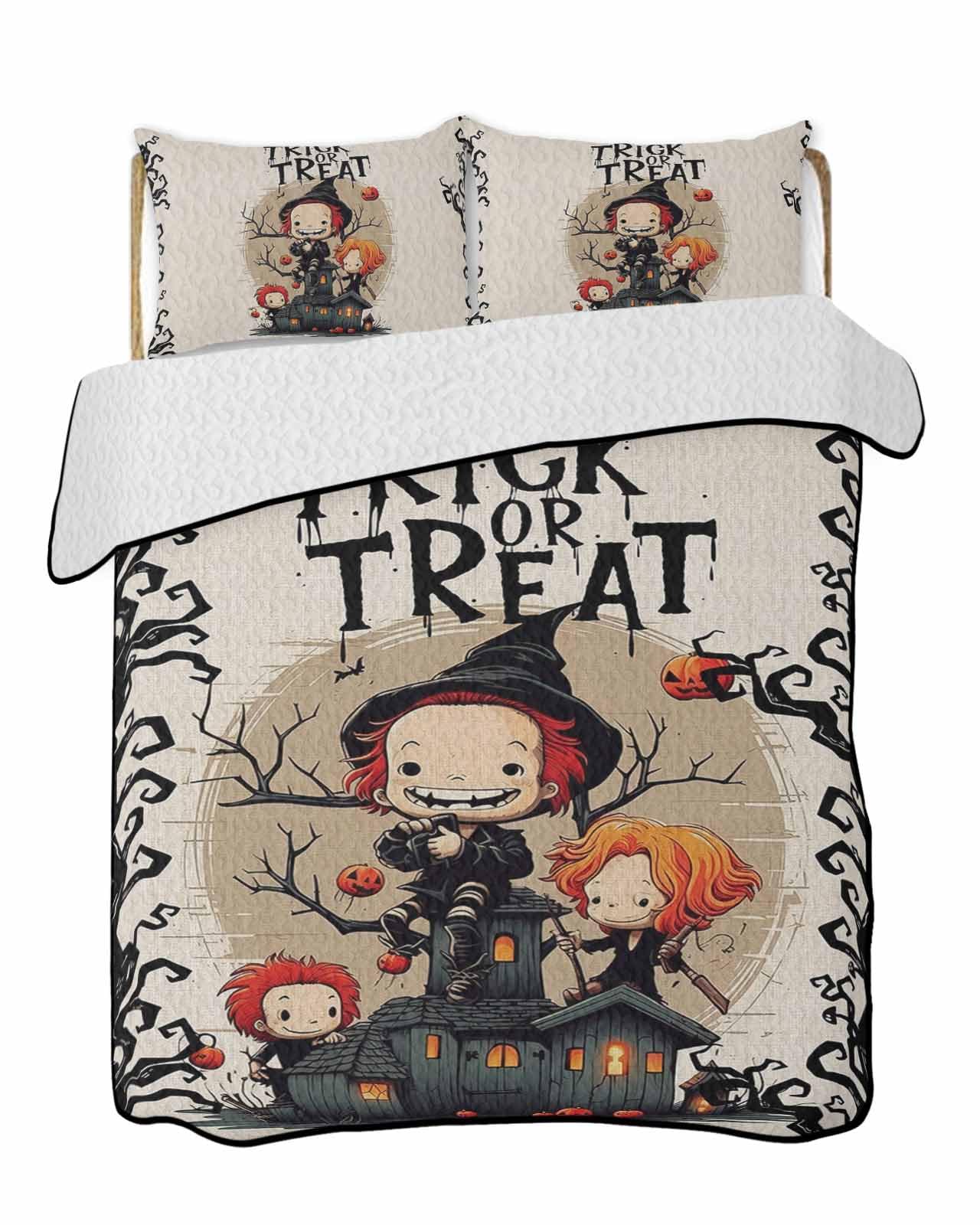 LEOKOTI King Quilt Sets with 2 Pillow Shams, Halloween Lightweight Summer Quilts King Size, Trick or Treat Children Pumpkin Black Branches Bedspreads Coverlet Bedding Set 3 Pieces for All Seasons