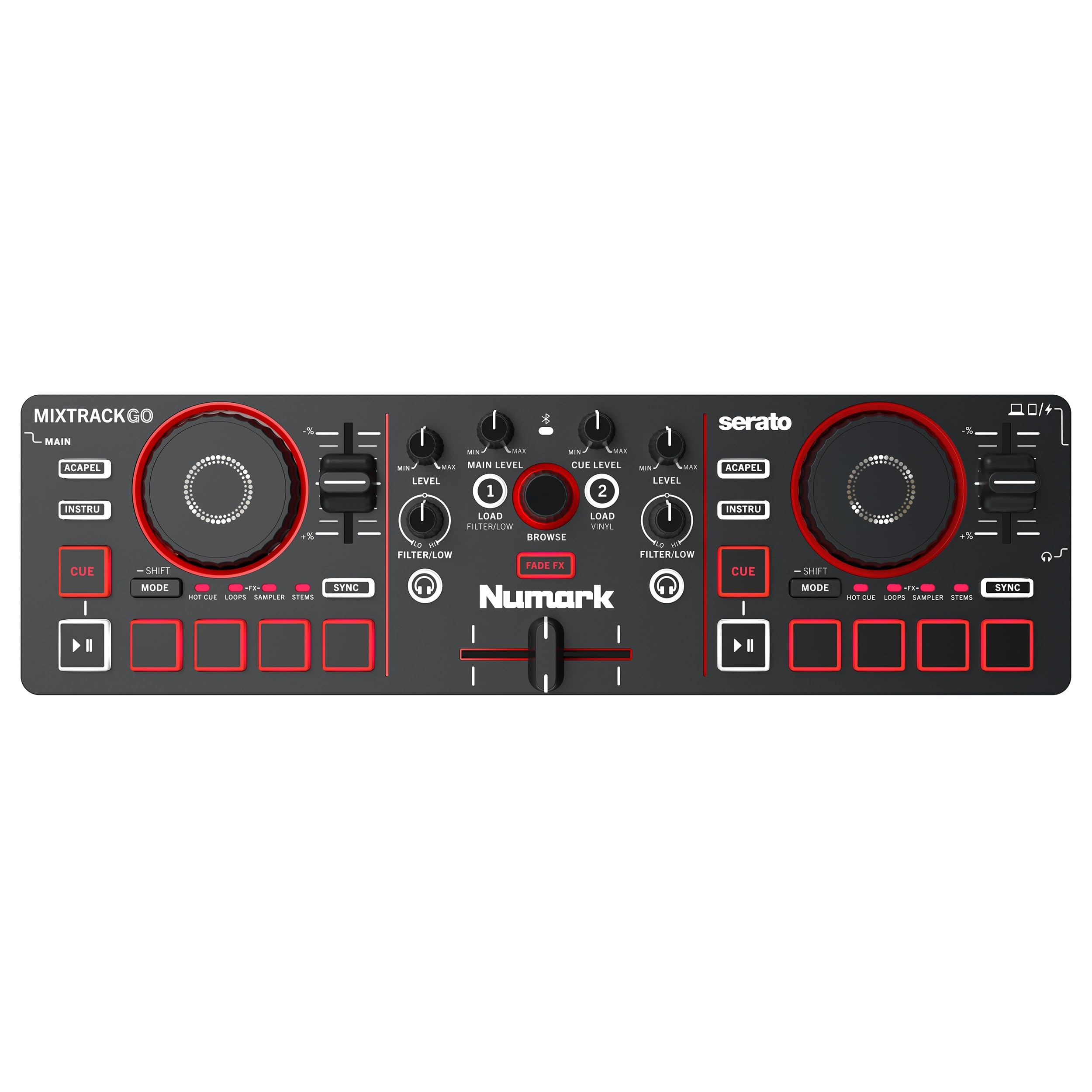 Numark Mixtrack Go Kompakter Bluetooth-DJ-Controller mit Stems-Control | 2-Deck-DJ-Mixer, für Anfänger & mobile DJs, Smart Fader, USB-C, Serato DJ Lite & Algoriddim djay, Gen 4